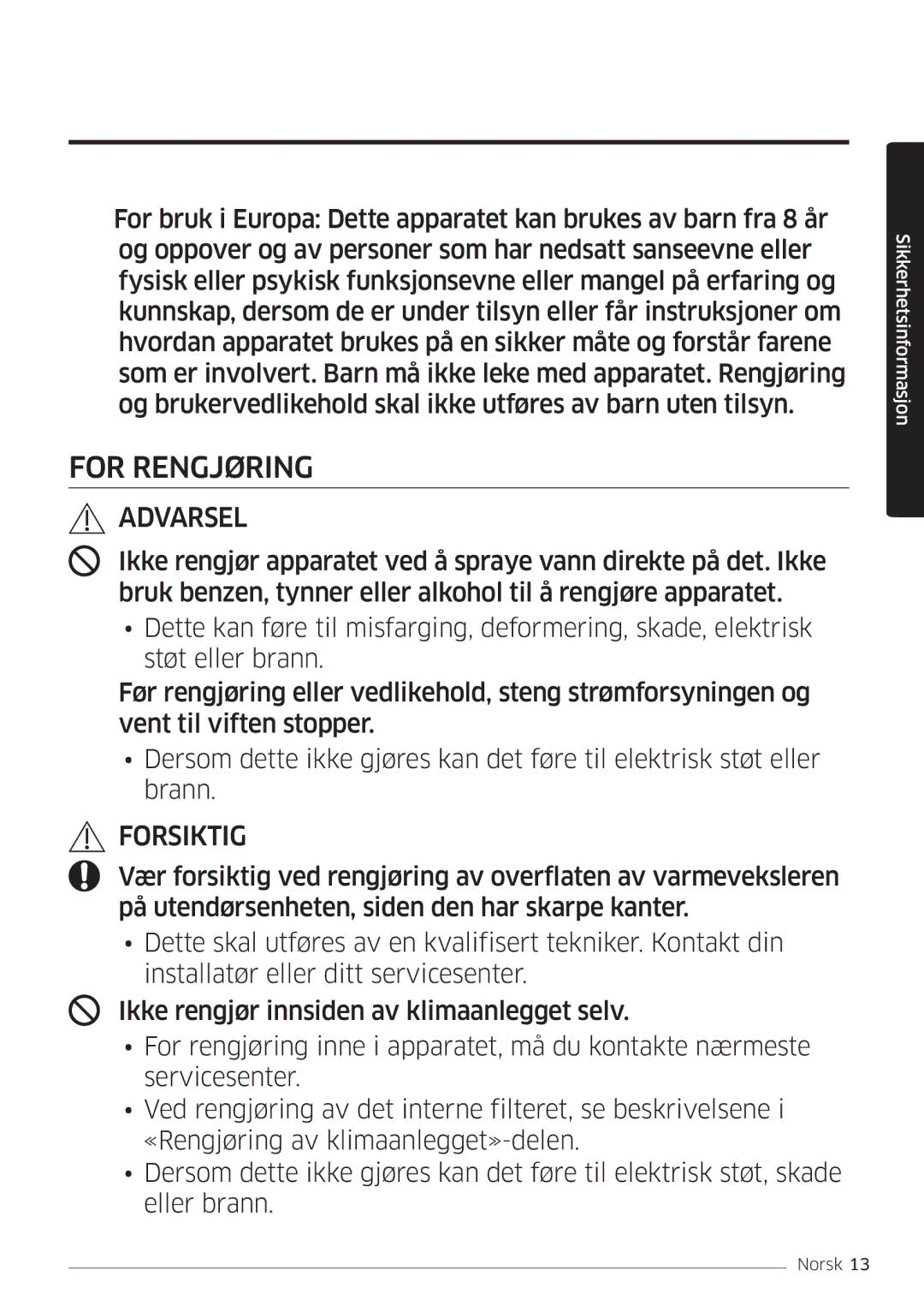 Samsung AR12KSFSQWKNEE, AR09KSFSQWKNEE manual For Rengjøring 