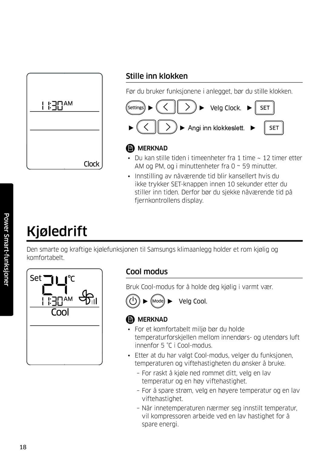 Samsung AR09KSFSQWKNEE, AR12KSFSQWKNEE manual Kjøledrift, Stille inn klokken, Cool modus 