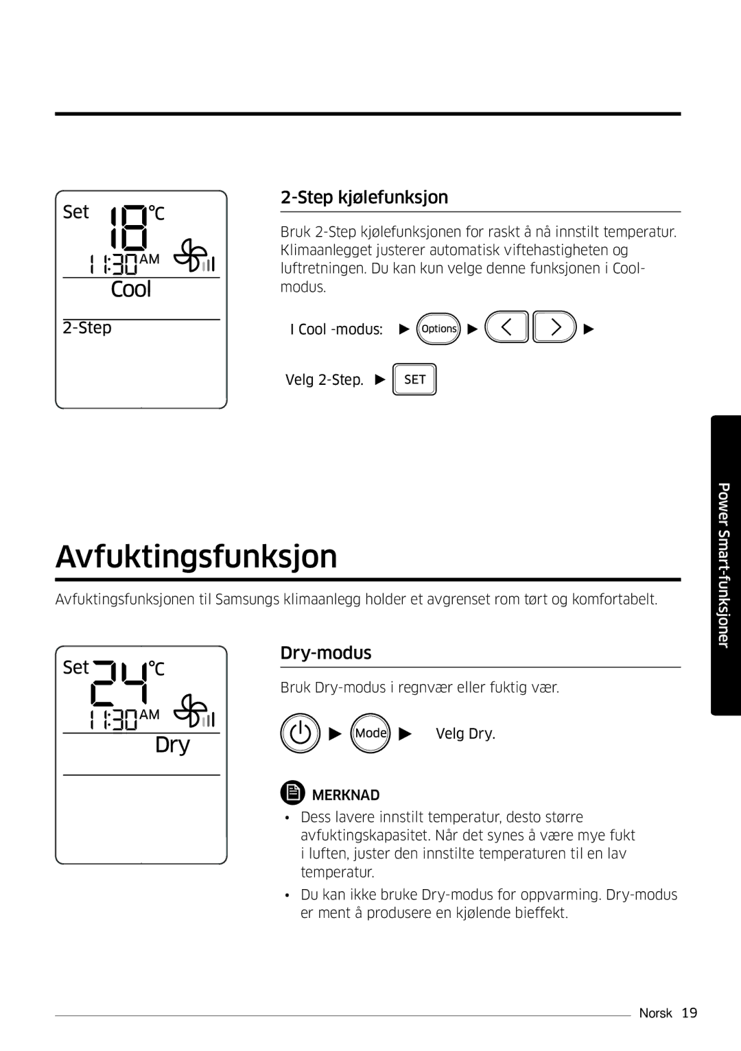 Samsung AR12KSFSQWKNEE, AR09KSFSQWKNEE manual Avfuktingsfunksjon, Step kjølefunksjon, Dry-modus 