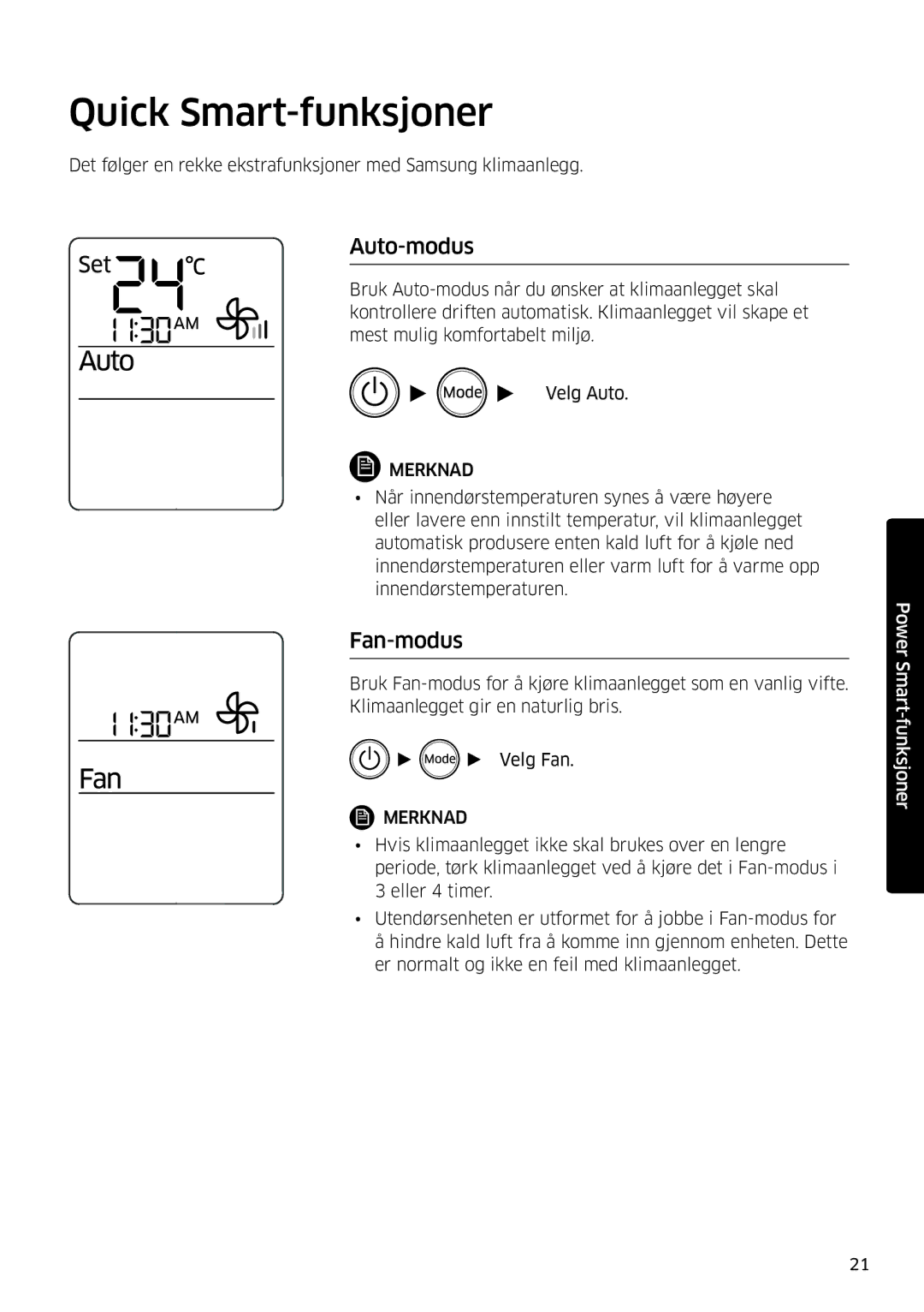 Samsung AR12KSFSQWKNEE, AR09KSFSQWKNEE manual Quick Smart-funksjoner, Auto-modus, Fan-modus 