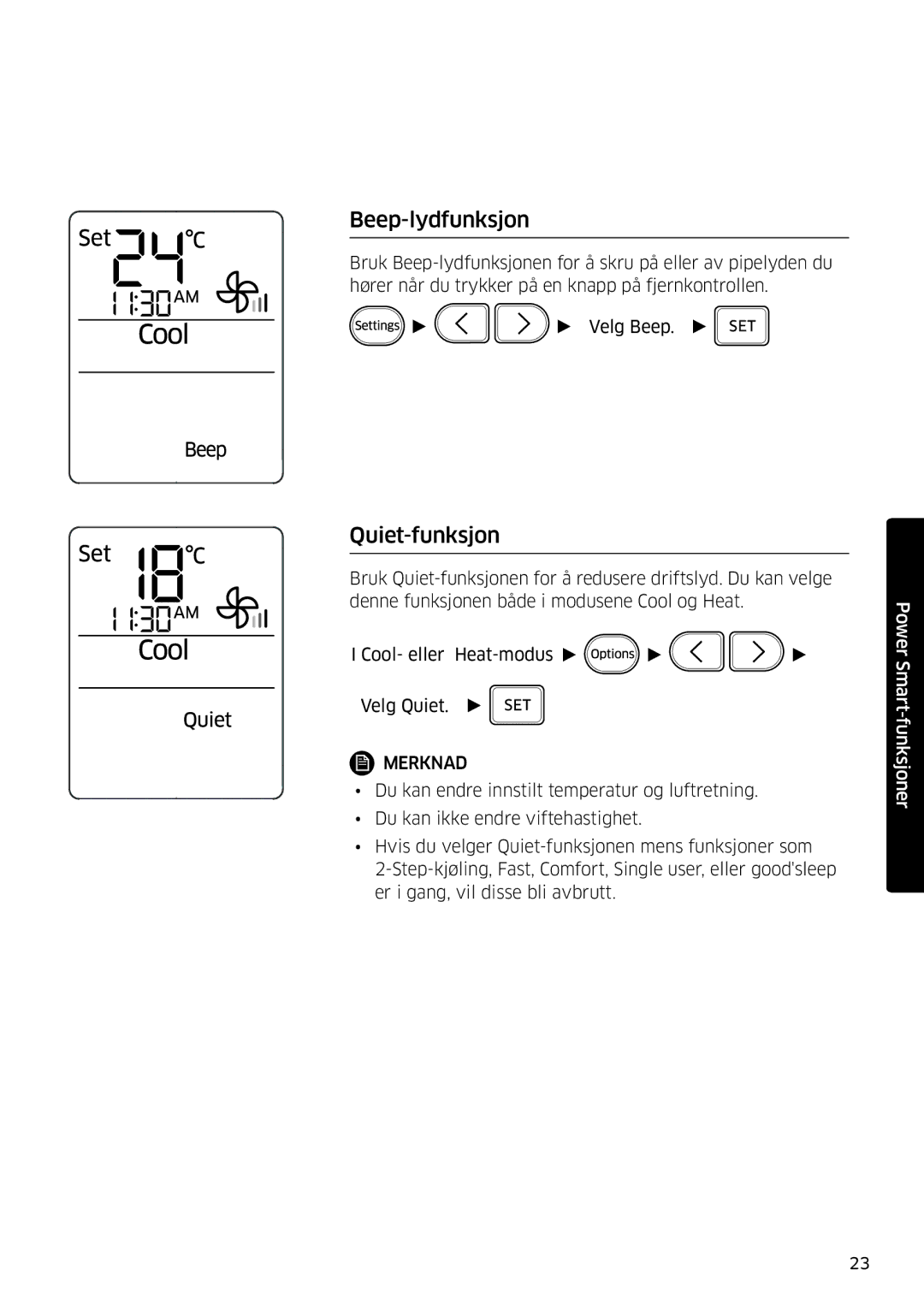 Samsung AR12KSFSQWKNEE, AR09KSFSQWKNEE manual Beep-lydfunksjon, Quiet-funksjon 