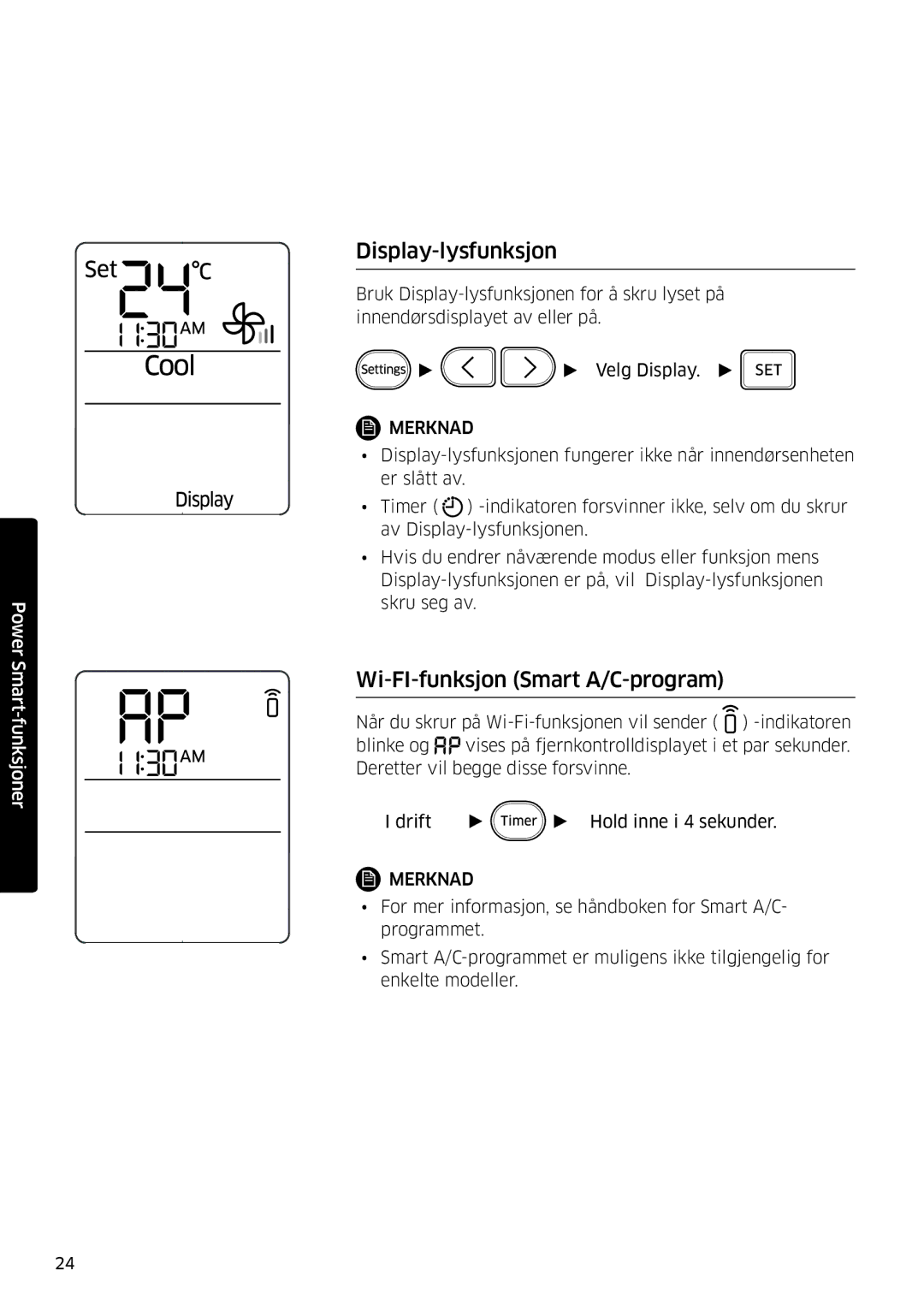 Samsung AR09KSFSQWKNEE, AR12KSFSQWKNEE manual Display-lysfunksjon, Wi-FI-funksjon Smart A/C-program 