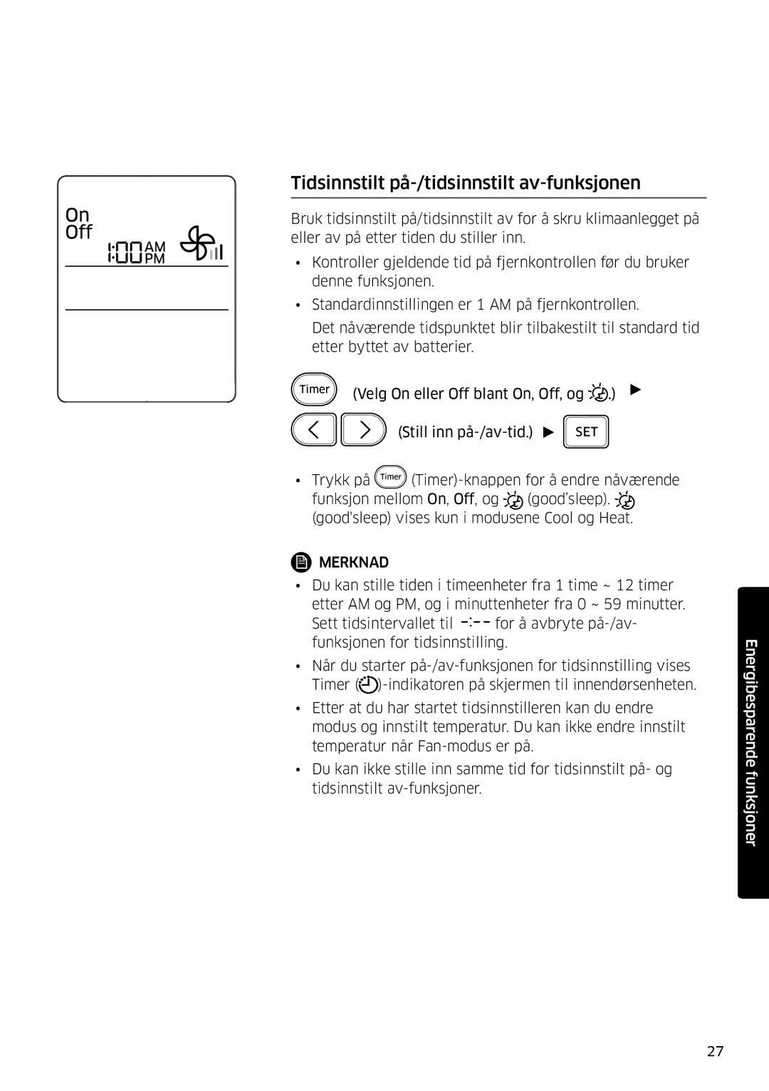 Samsung AR12KSFSQWKNEE, AR09KSFSQWKNEE manual Tidsinnstilt på-/tidsinnstilt av-funksjonen 