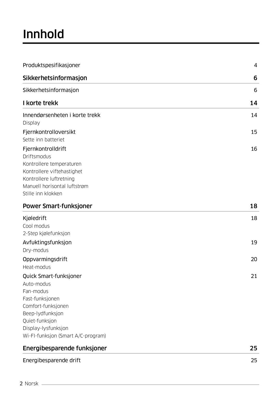 Samsung AR09KSFSQWKNEE, AR12KSFSQWKNEE manual Innhold, Korte trekk 