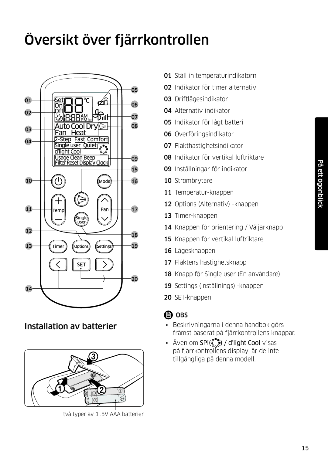 Samsung AR12KSFSQWKNEE, AR09KSFSQWKNEE manual Översikt över fjärrkontrollen, Installation av batterier 