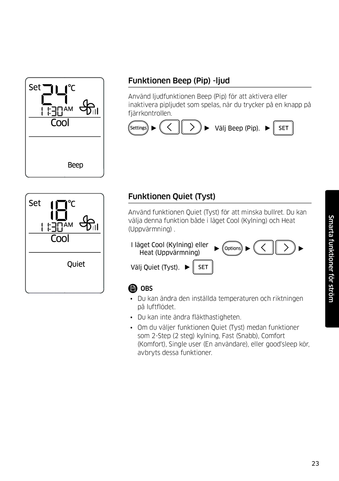 Samsung AR12KSFSQWKNEE, AR09KSFSQWKNEE manual Funktionen Beep Pip -ljud, Funktionen Quiet Tyst 