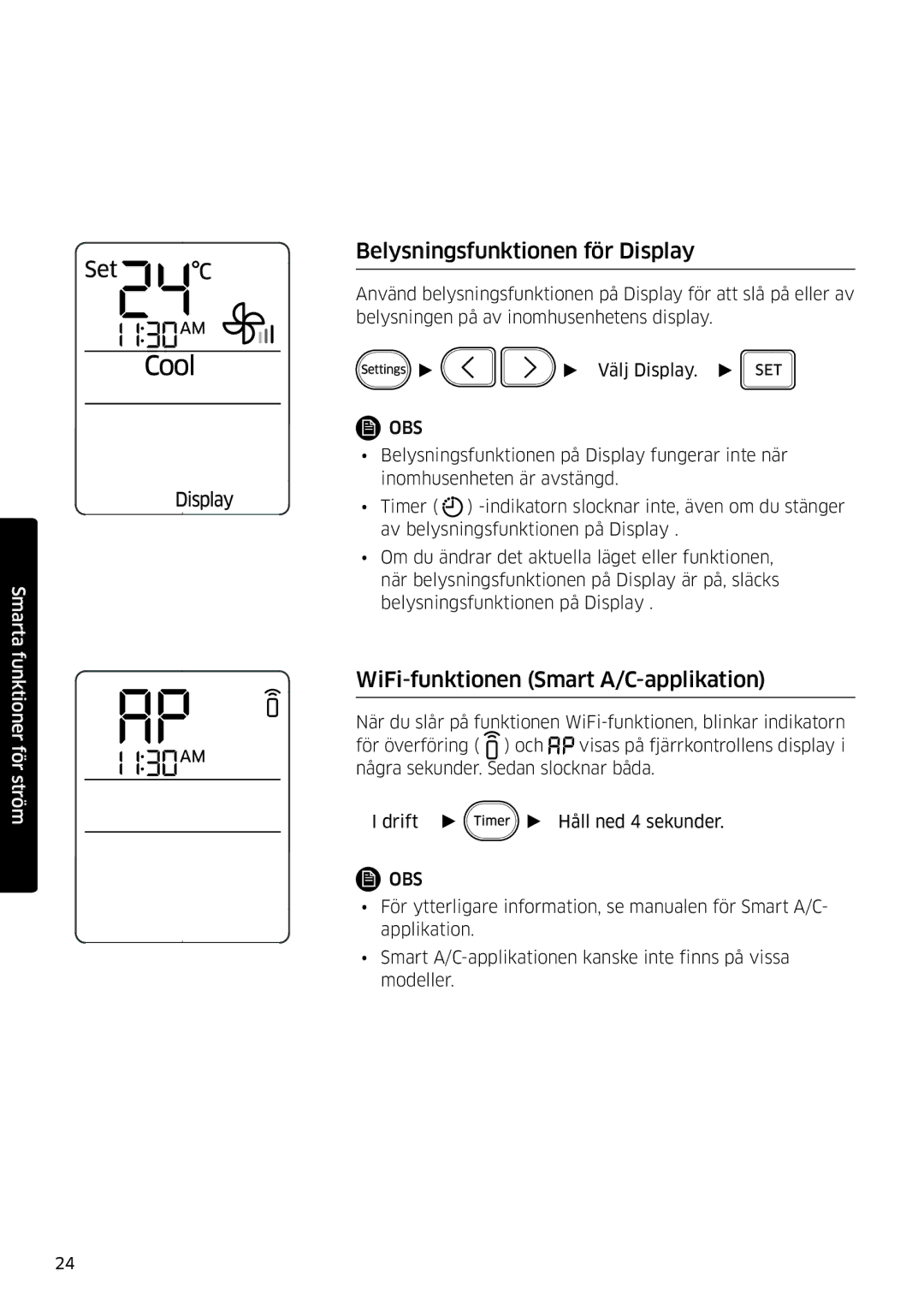 Samsung AR09KSFSQWKNEE, AR12KSFSQWKNEE manual Belysningsfunktionen för Display, WiFi-funktionen Smart A/C-applikation 