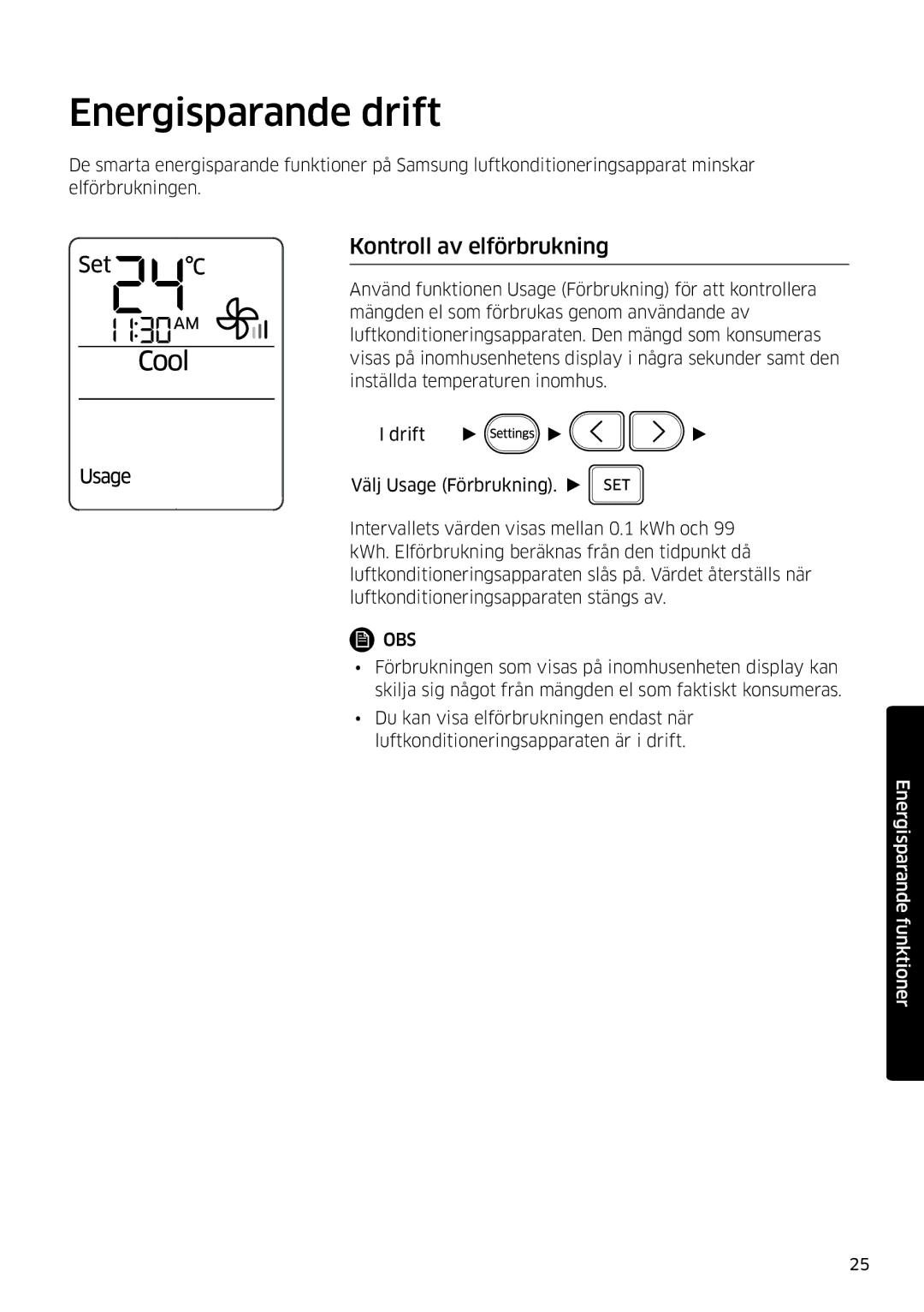 Samsung AR12KSFSQWKNEE, AR09KSFSQWKNEE manual Energisparande drift, Kontroll av elförbrukning 