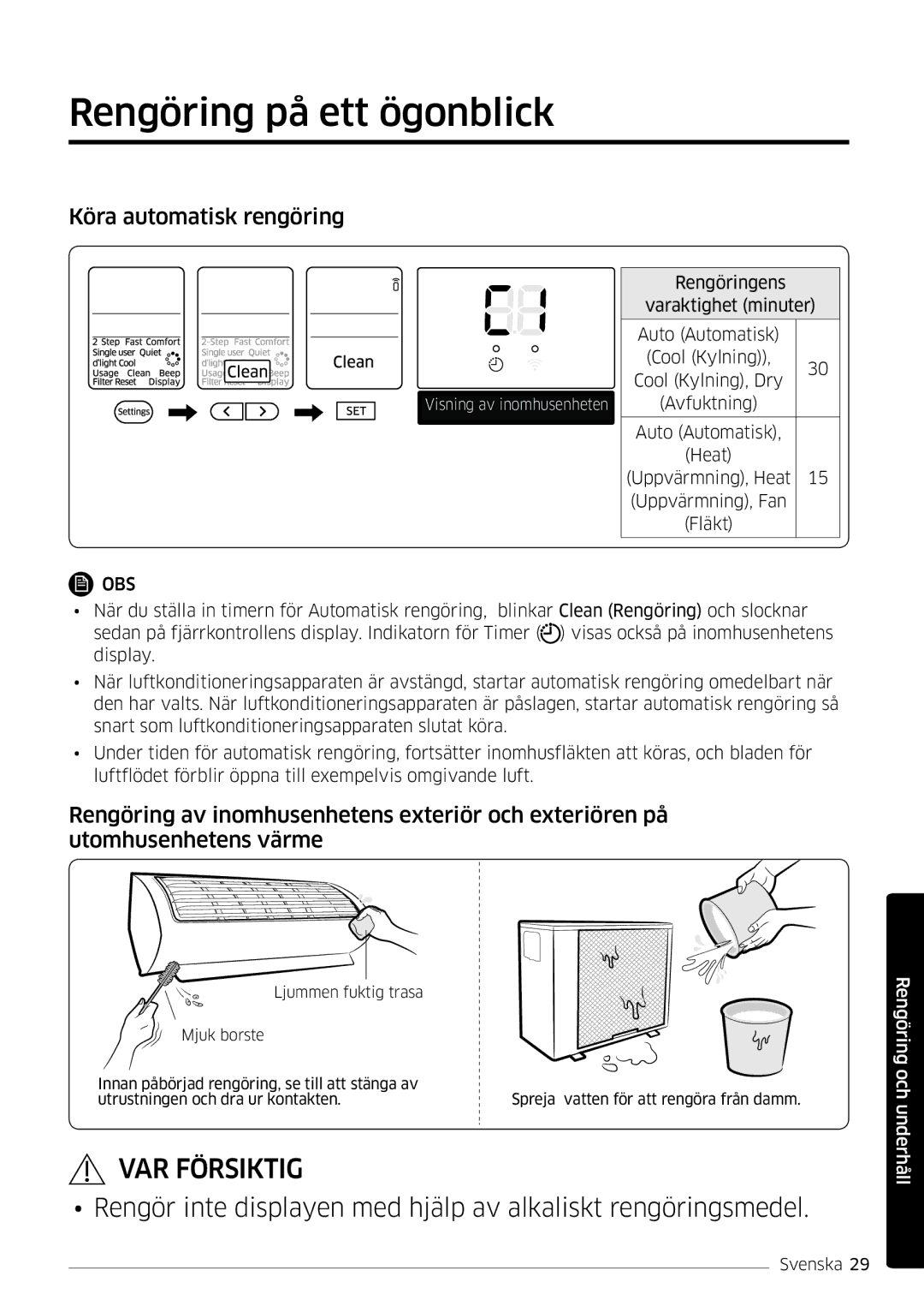 Samsung AR12KSFSQWKNEE, AR09KSFSQWKNEE manual Rengöring på ett ögonblick, Köra automatisk rengöring 