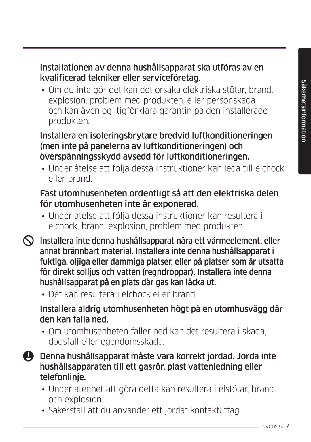 Samsung AR12KSFSQWKNEE, AR09KSFSQWKNEE manual Säkerhetsinformation 