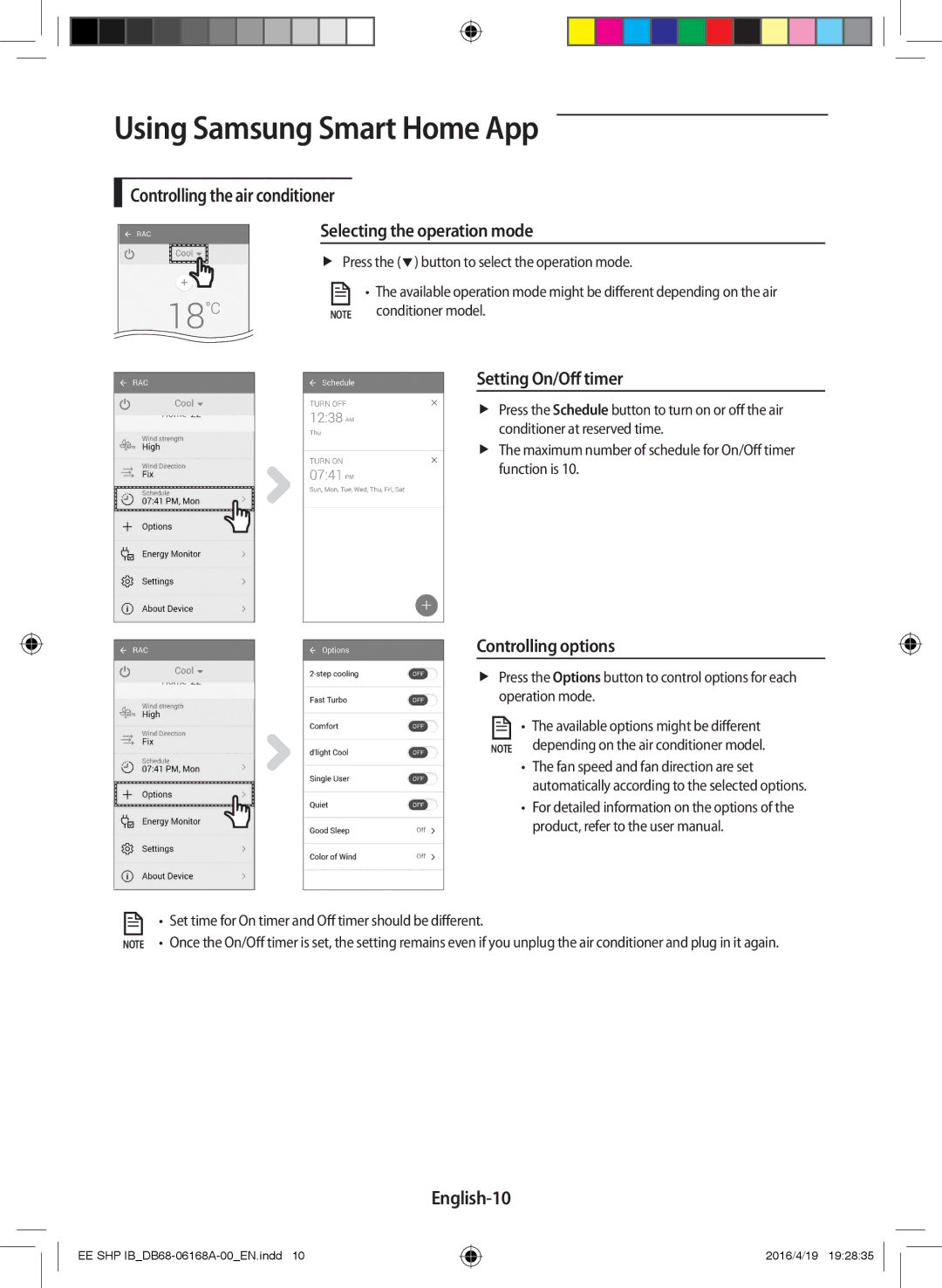 Samsung AR12KSFSQWKNEE, AR09KSFSQWKNEE manual Setting On/Off timer, Controlling options, English-10 