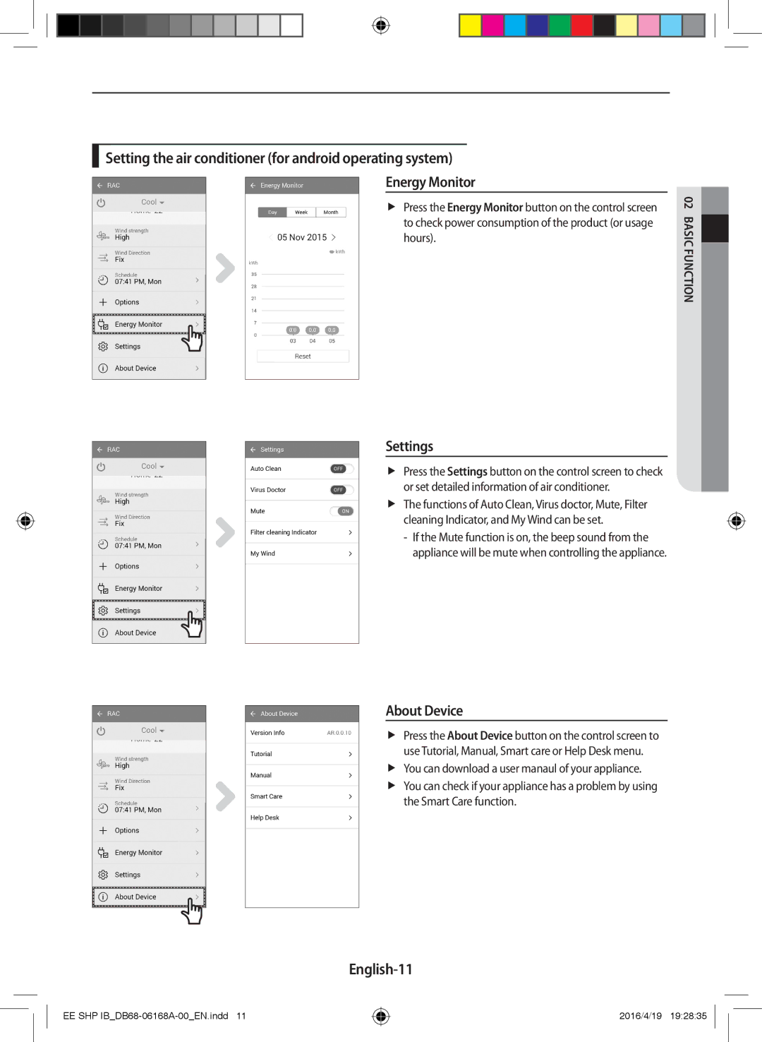 Samsung AR09KSFSQWKNEE, AR12KSFSQWKNEE manual Settings, About Device, English-11 