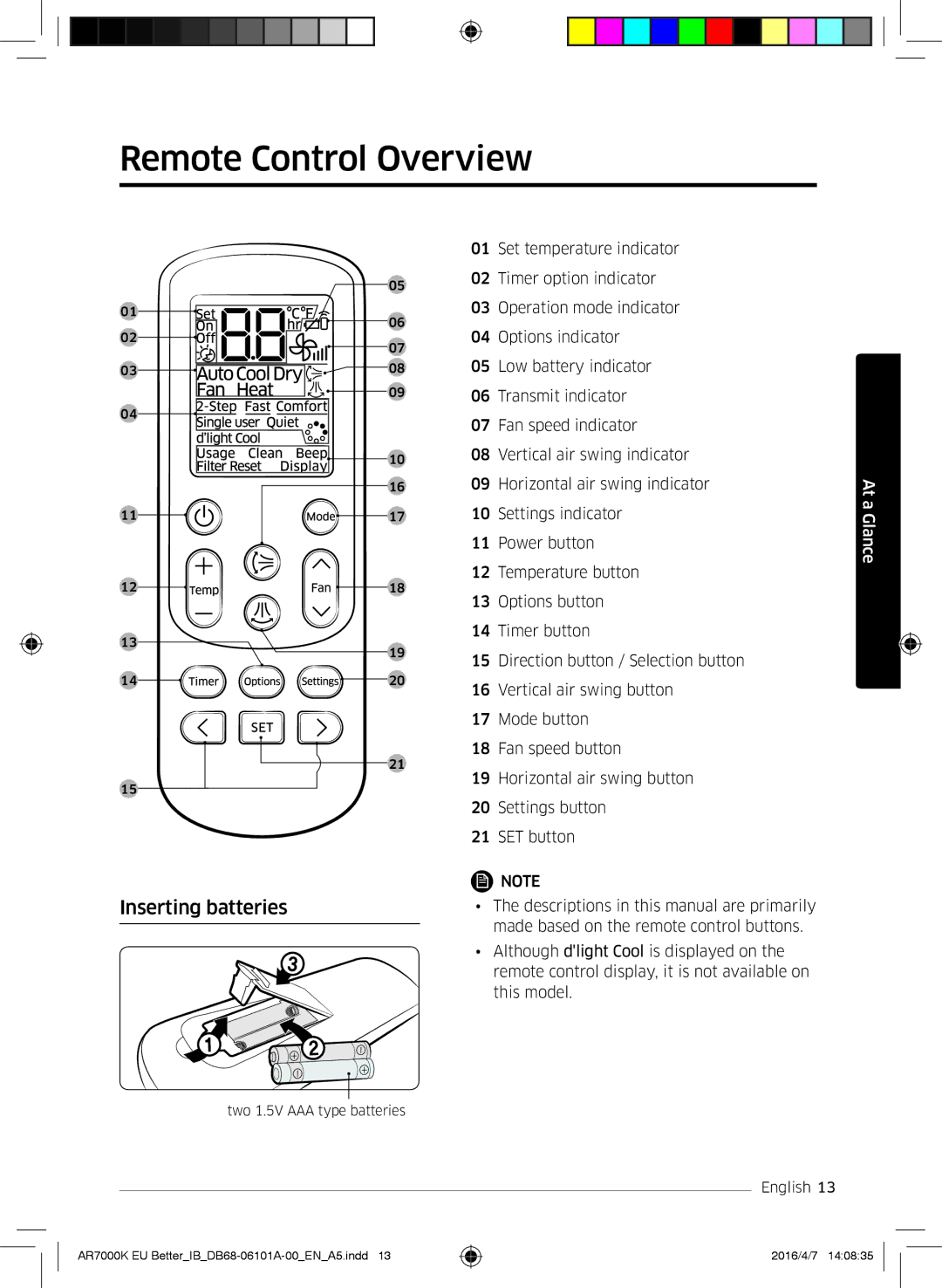 Samsung AR12KSPDBWKNEU, AR07KSPDBWKNEU, AR18KSPDBWKNEU, AR24KSPDBWKNEU manual Remote Control Overview, Inserting batteries 