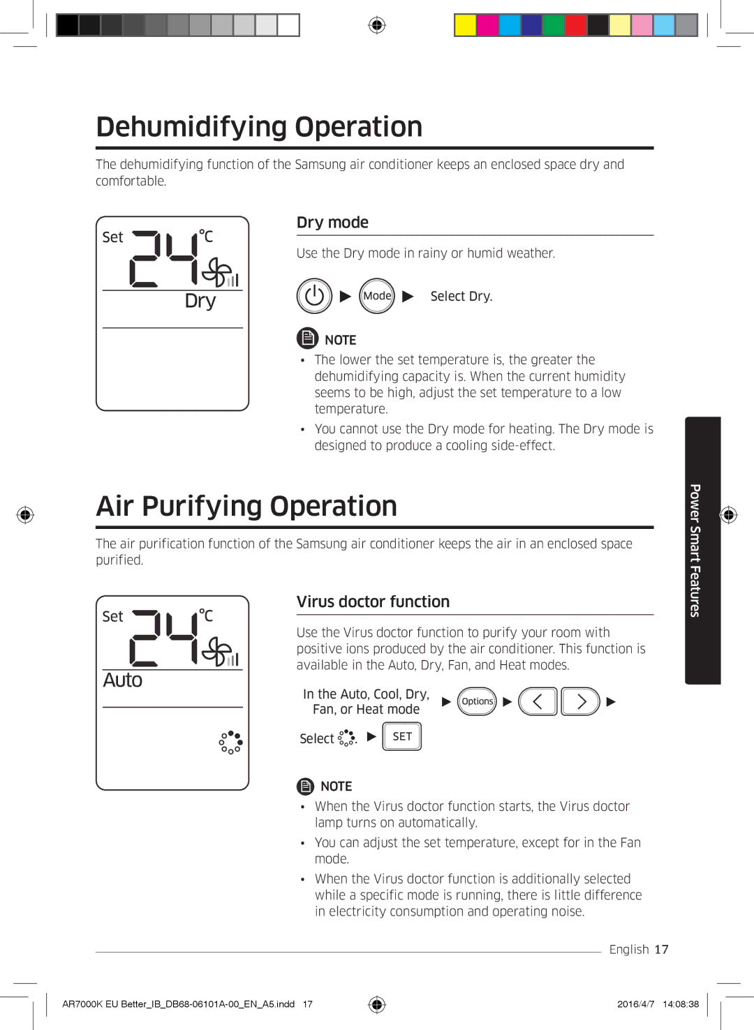 Samsung AR09KSPDBWKNEU, AR12KSPDBWKNEU Dehumidifying Operation, Air Purifying Operation, Dry mode, Virus doctor function 