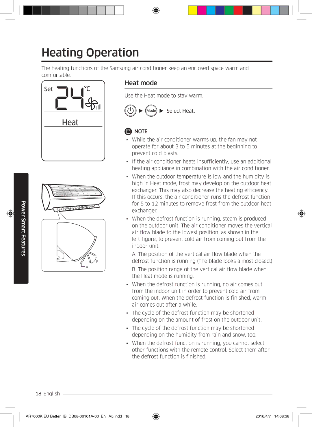 Samsung AR12KSPDBWKXEU, AR12KSPDBWKNEU, AR07KSPDBWKNEU, AR18KSPDBWKNEU, AR24KSPDBWKNEU manual Heating Operation, Heat mode 