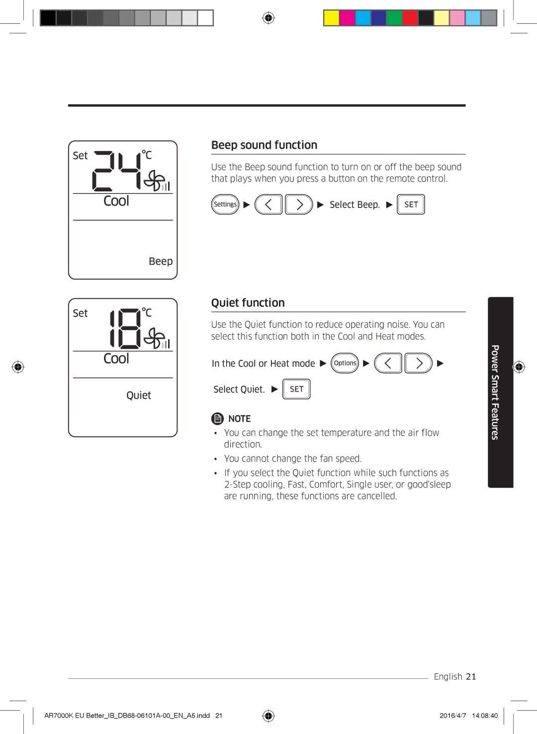 Samsung AR07KSPDBWKNEU, AR12KSPDBWKNEU, AR18KSPDBWKNEU, AR24KSPDBWKNEU, AR09KSPDBWKNEU Beep sound function, Quiet function 