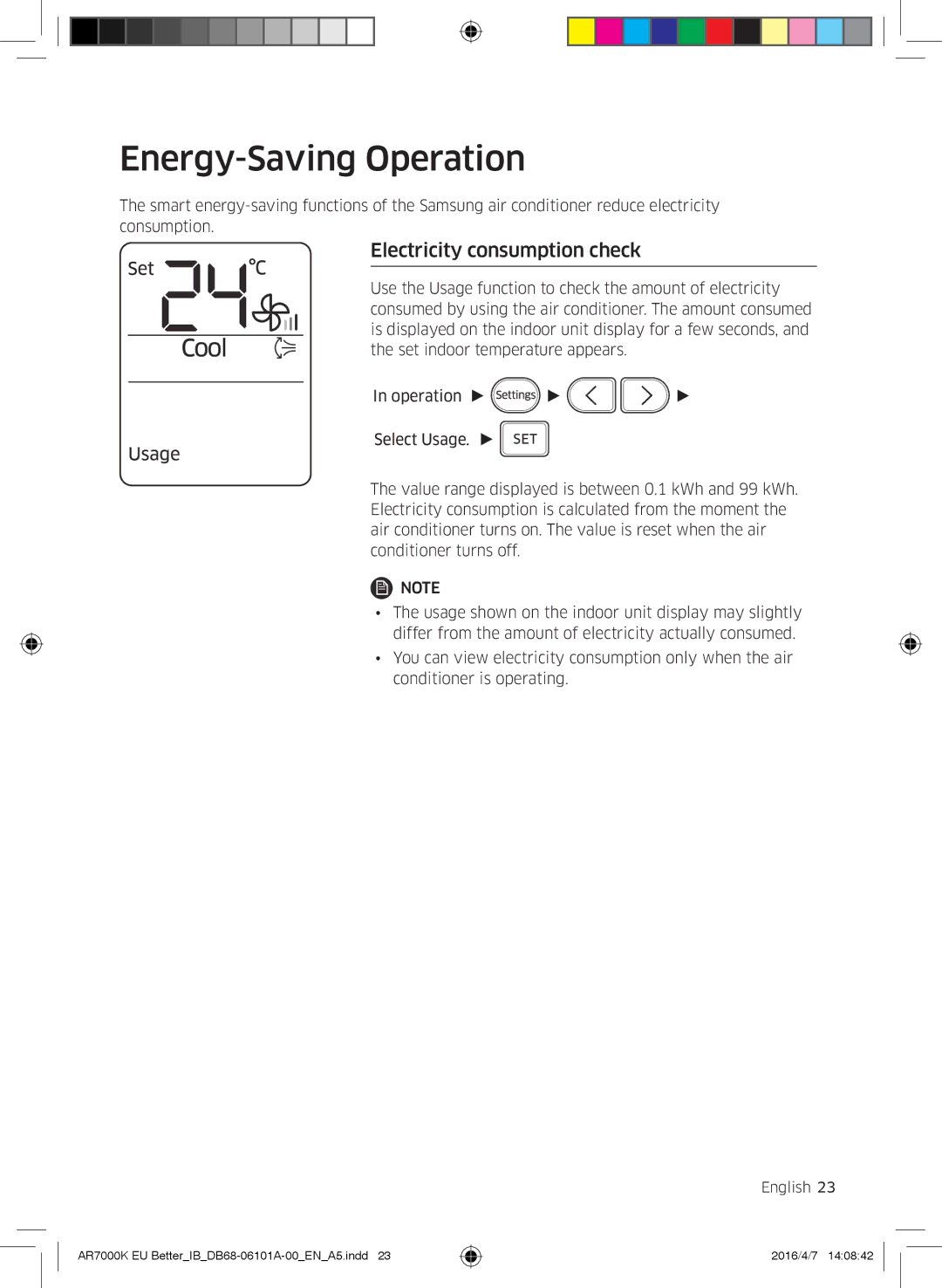 Samsung AR24KSPDBWKNEU, AR12KSPDBWKNEU, AR07KSPDBWKNEU manual Energy-Saving Operation, Electricity consumption check 