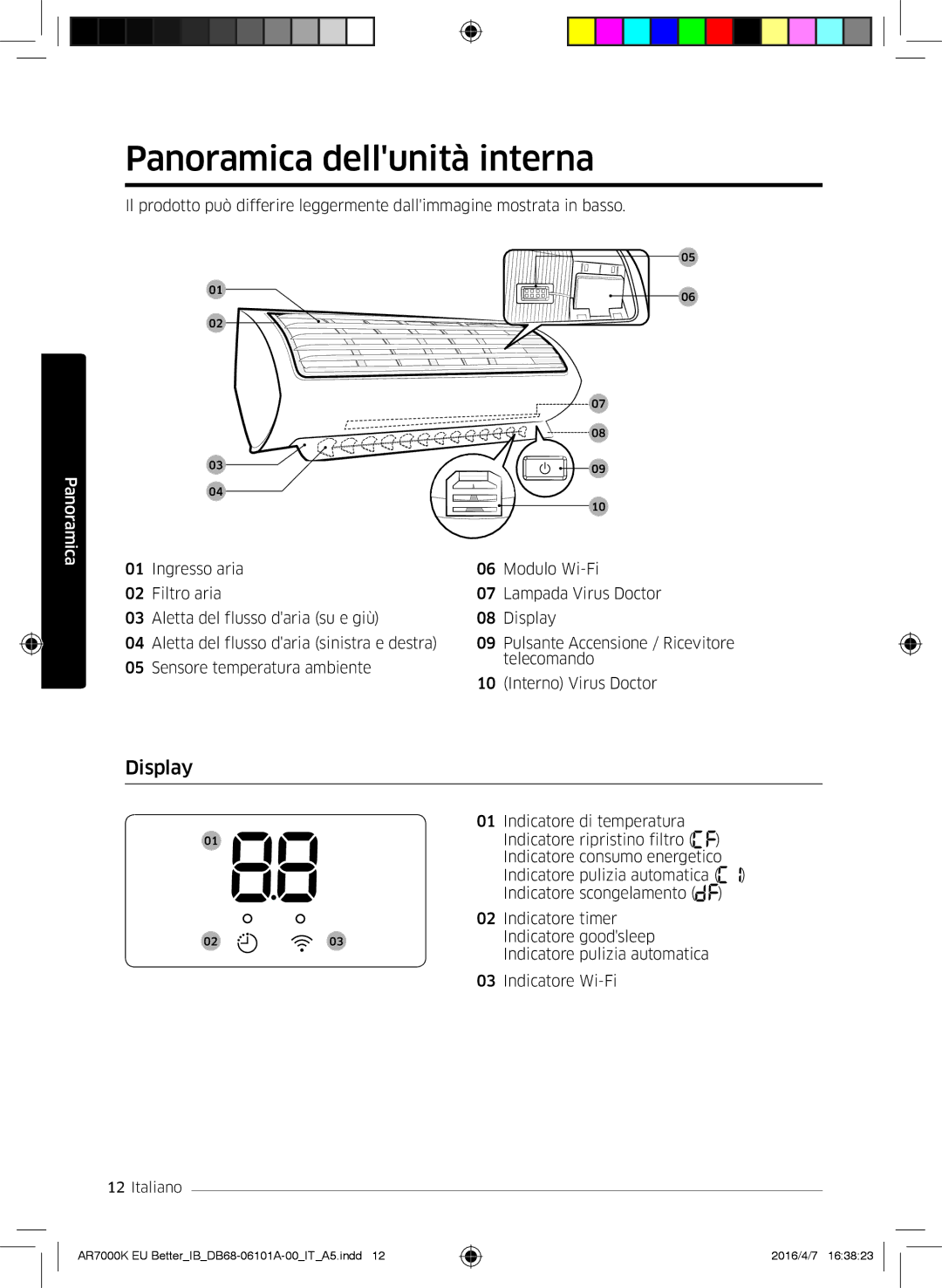 Samsung AR09KSPDBWKXEU, AR12KSPDBWKNEU, AR07KSPDBWKNEU, AR18KSPDBWKNEU, AR24KSPDBWKNEU Panoramica dellunità interna, Display 