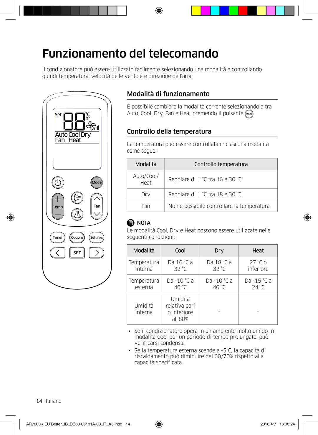 Samsung AR07KSPDBWKNEU manual Funzionamento del telecomando, Modalità di funzionamento, Controllo della temperatura 