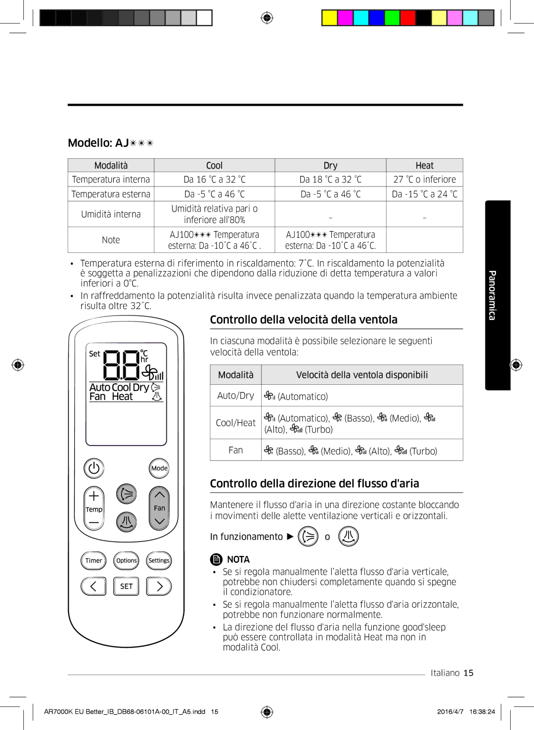 Samsung AR18KSPDBWKNEU Modello AJ, Controllo della velocità della ventola, Controllo della direzione del flusso daria 