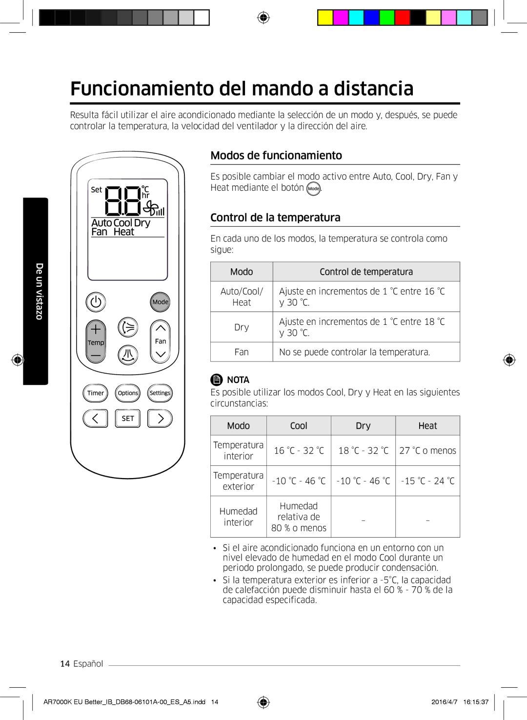 Samsung AR07KSPDBWKNEU manual Funcionamiento del mando a distancia, Modos de funcionamiento, Control de la temperatura 