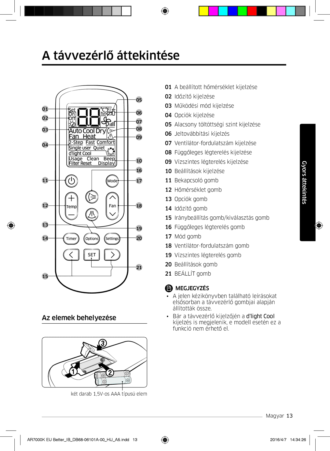 Samsung AR09KSPDBWKNEU, AR12KSPDBWKNEU, AR07KSPDBWKNEU, AR18KSPDBWKNEU manual Távvezérlő áttekintése, Az elemek behelyezése 