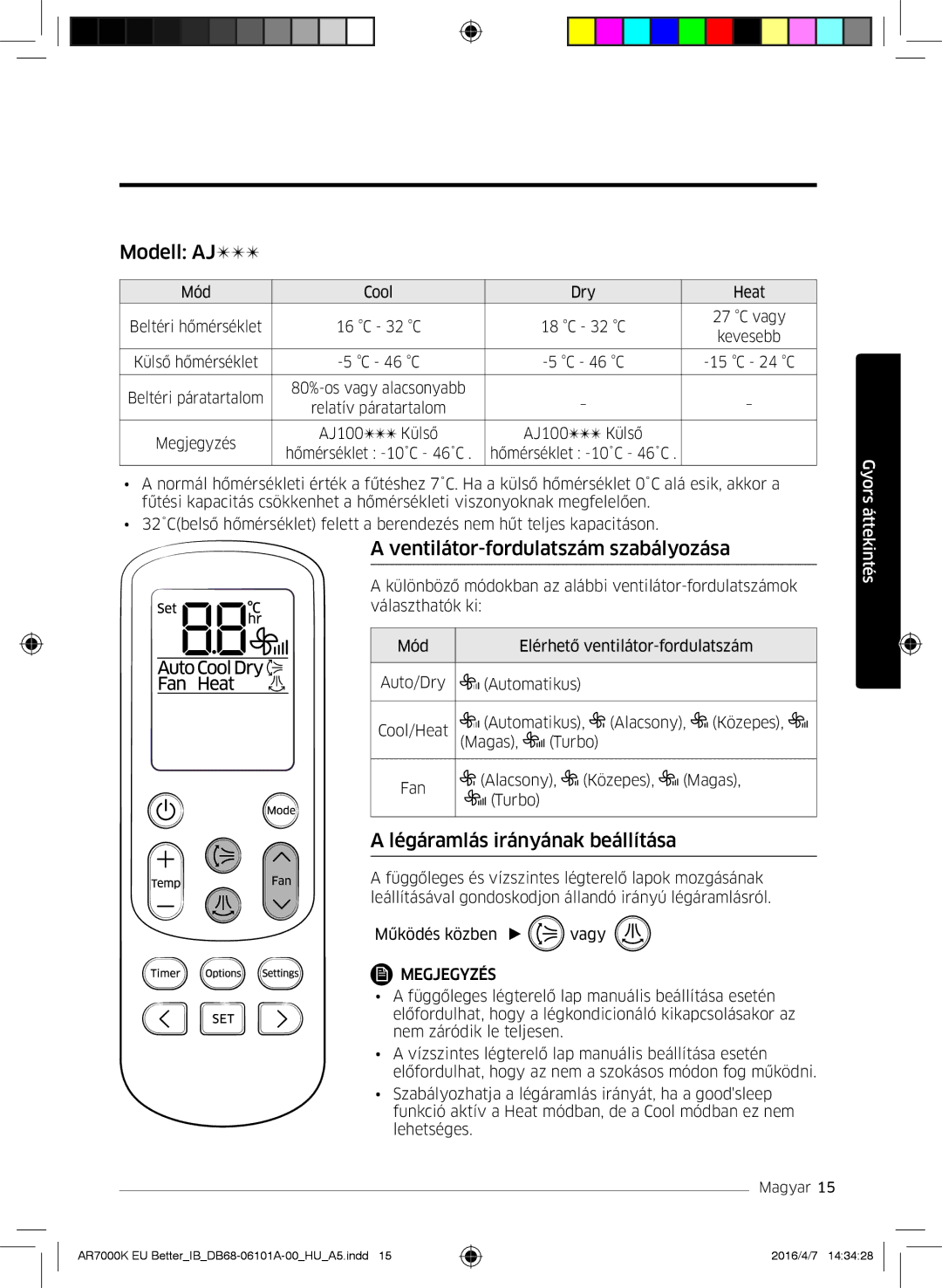 Samsung AR07KSPDBWKNEU, AR12KSPDBWKNEU Modell AJ, Ventilátor-fordulatszám szabályozása, Légáramlás irányának beállítása 