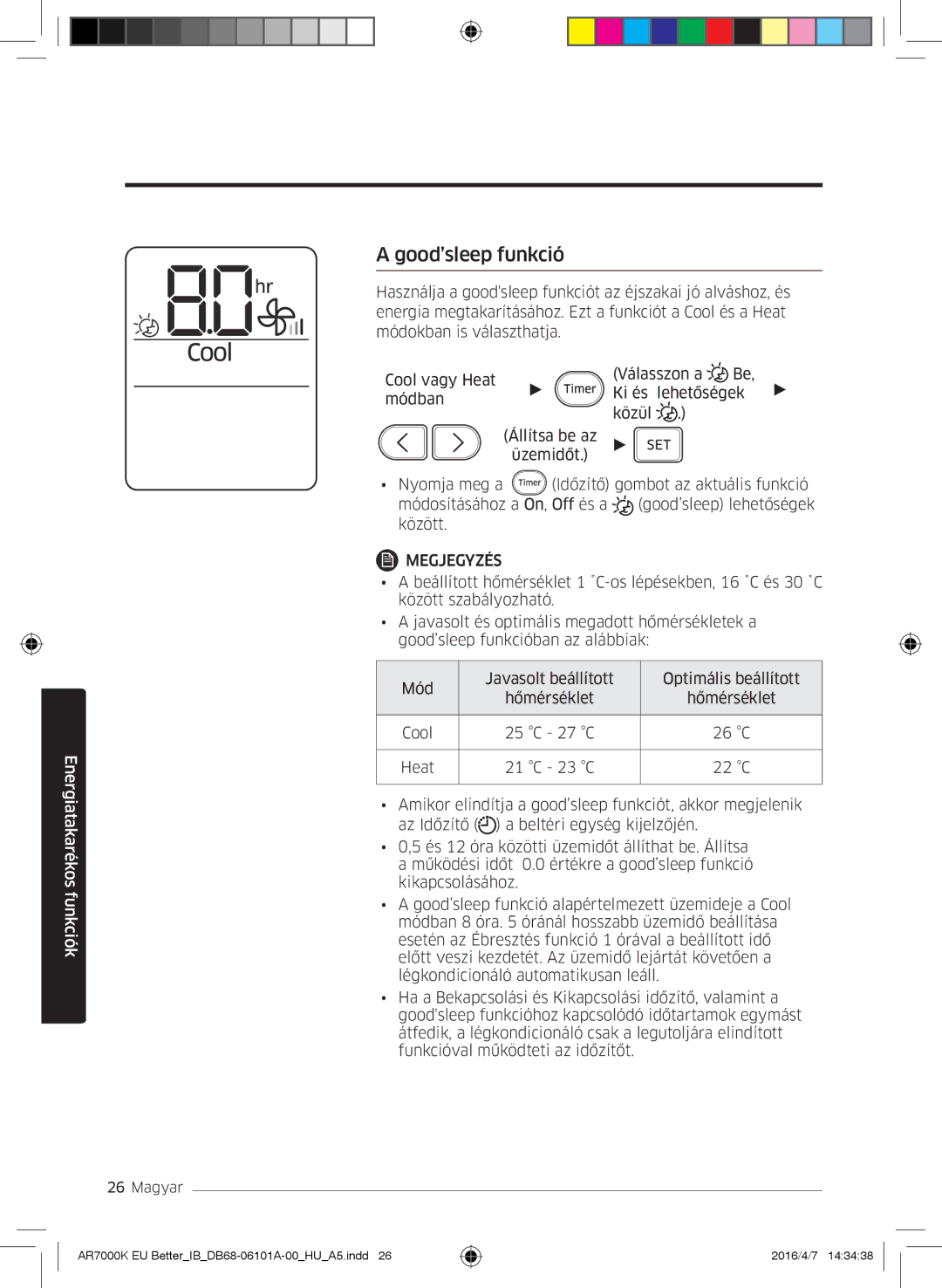 Samsung AR18KSPDBWKNEU, AR12KSPDBWKNEU, AR07KSPDBWKNEU, AR24KSPDBWKNEU, AR09KSPDBWKNEU manual Good’sleep funkció 