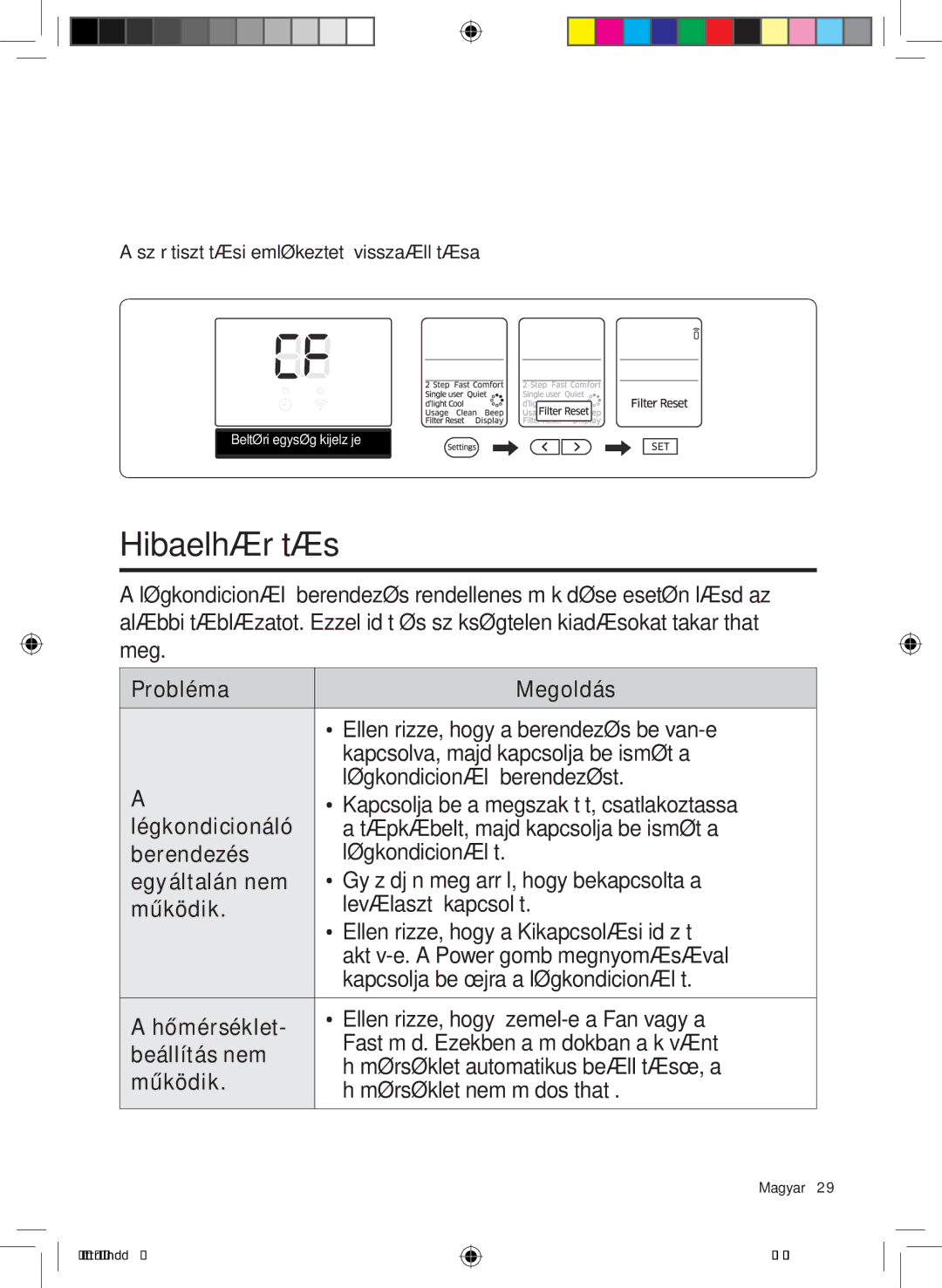 Samsung AR12KSPDBWKNEU, AR07KSPDBWKNEU, AR18KSPDBWKNEU manual Hibaelhárítás, Szűrőtisztítási emlékeztető visszaállítása 