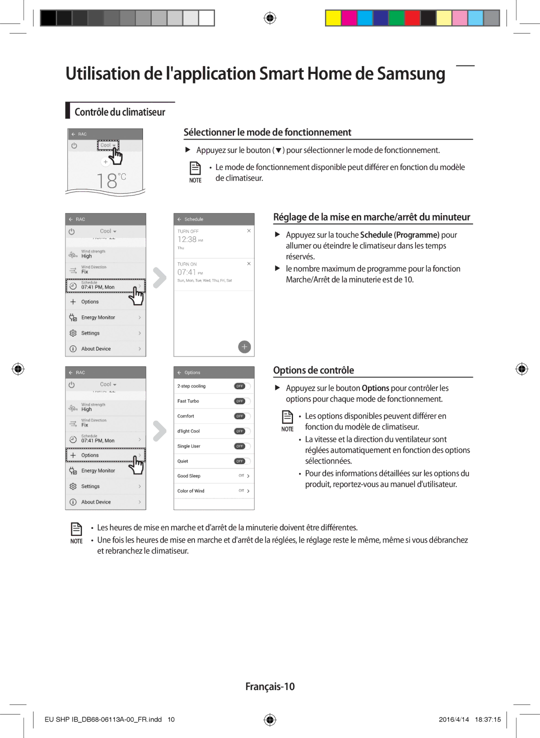 Samsung AR09KSPDBWKNEU Réglage de la mise en marche/arrêt du minuteur, Options de contrôle, Français-10, De climatiseur 