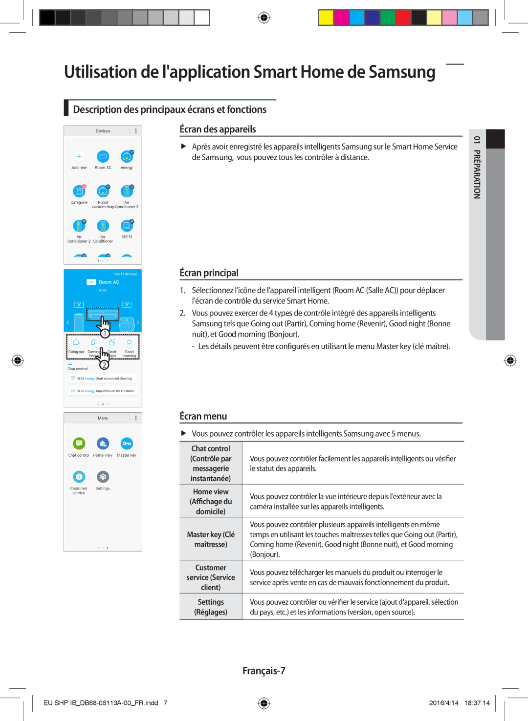 Samsung AR07KSPDBWKNEU, AR12KSPDBWKNEU, AR09JSPFAWKNEU, AR24KSWNAWKNEU manual Écran principal, Écran menu, Français-7 