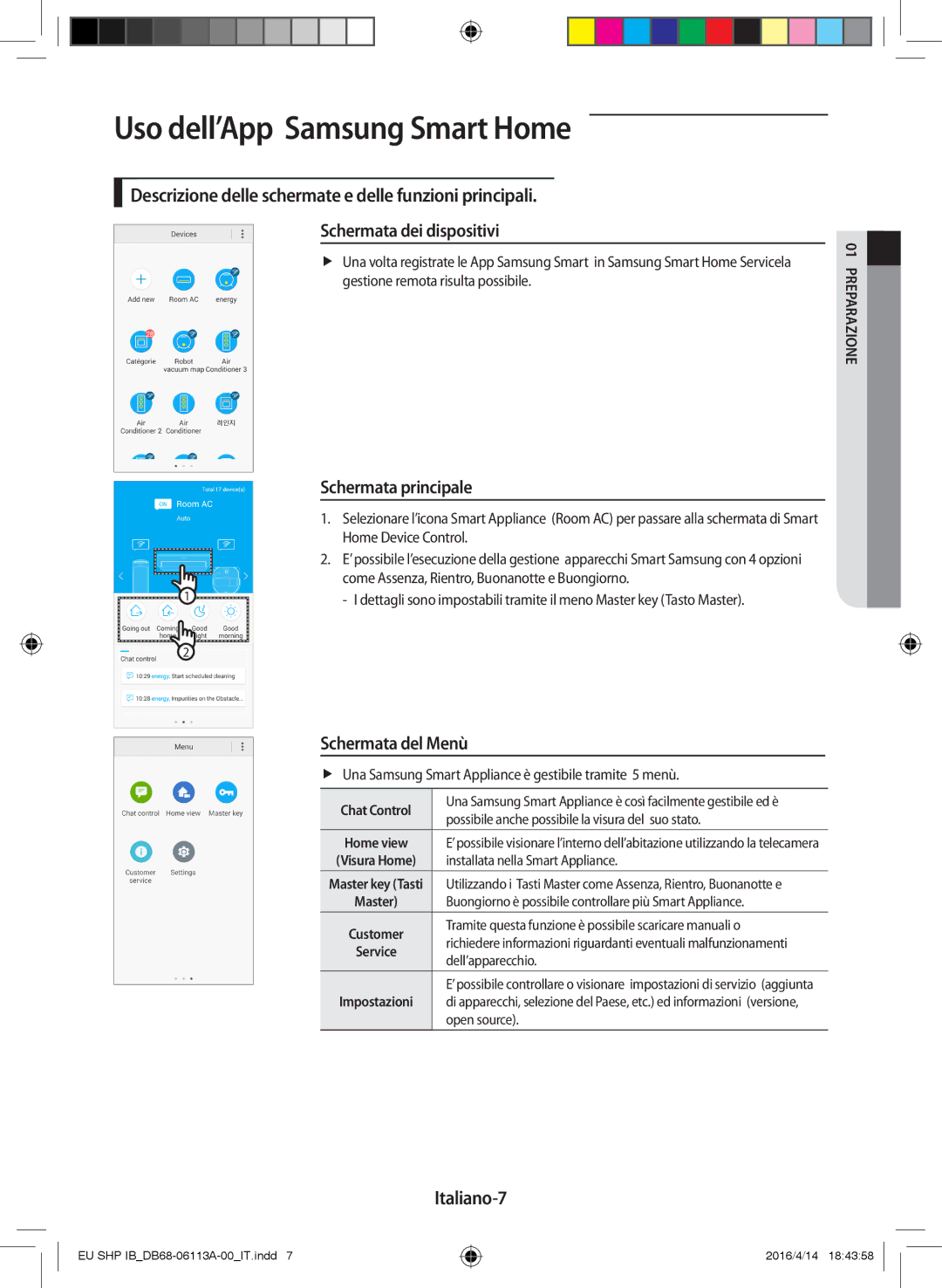 Samsung AR07KSPDBWKNEU manual Uso dell’App Samsung Smart Home, Schermata principale, Schermata del Menù, Italiano-7 