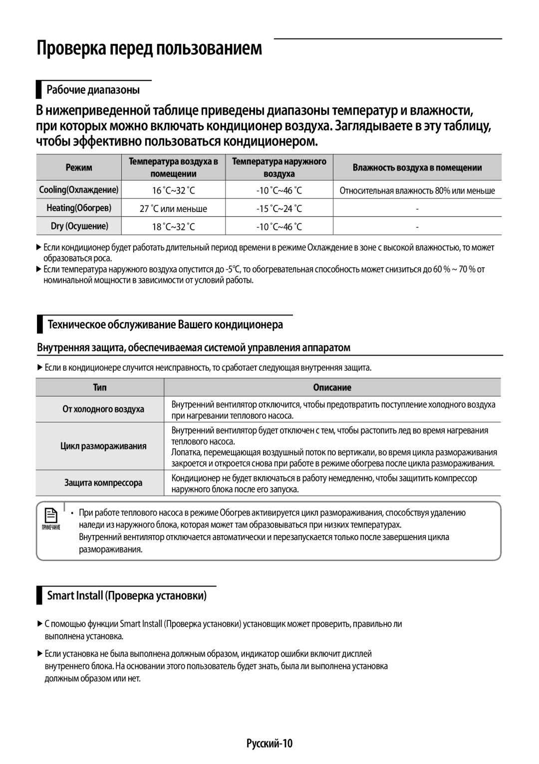 Samsung AR12KSPFBWKNER manual Проверка перед пользованием, Рабочие диапазоны, Smart Install Проверка установки, Русский-10 