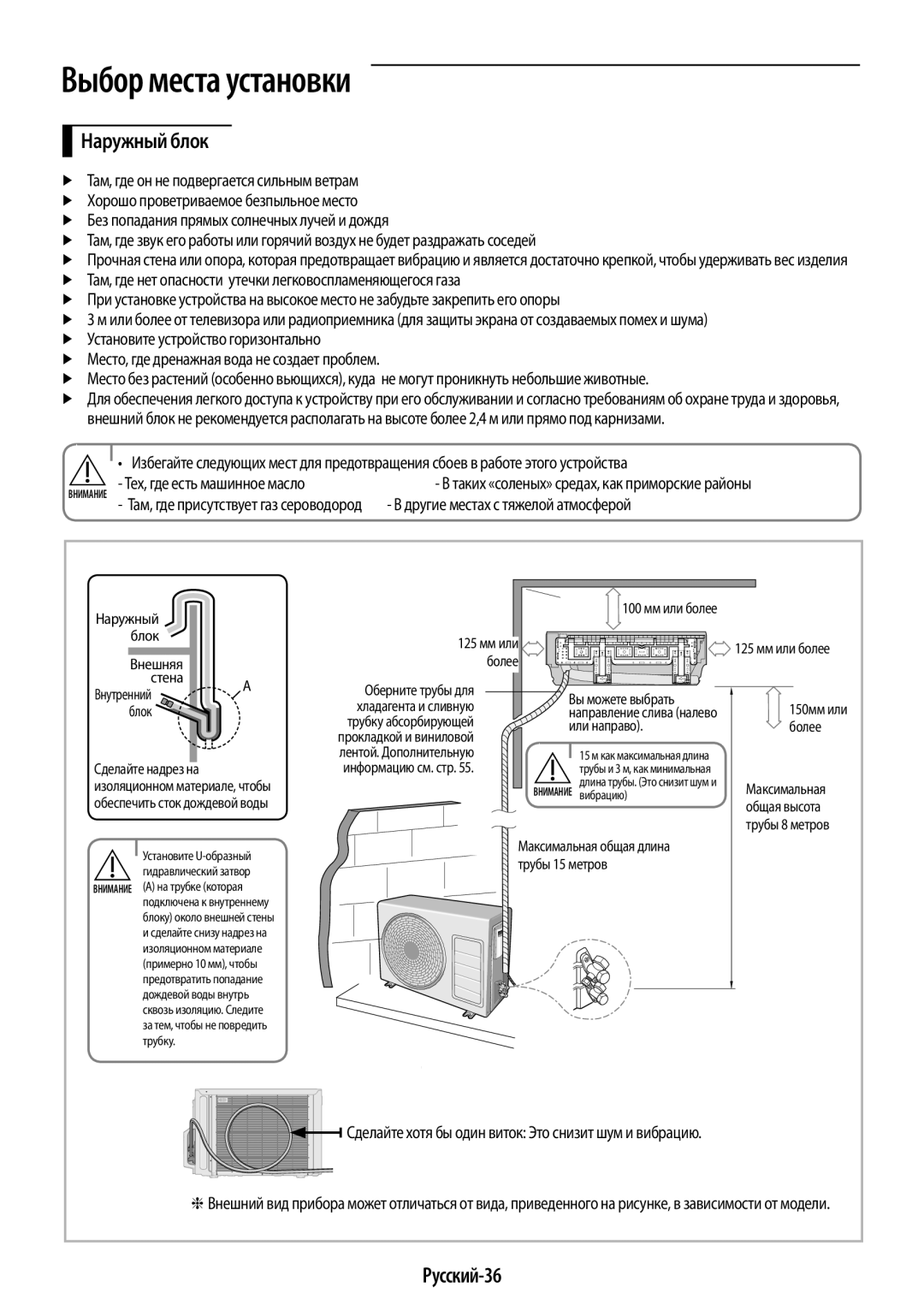 Samsung AR12KSPFBWKNER, AR09KSPFBWKNER manual Русский-36, Наружный блок,  Без попадания прямых солнечных лучей и дождя 