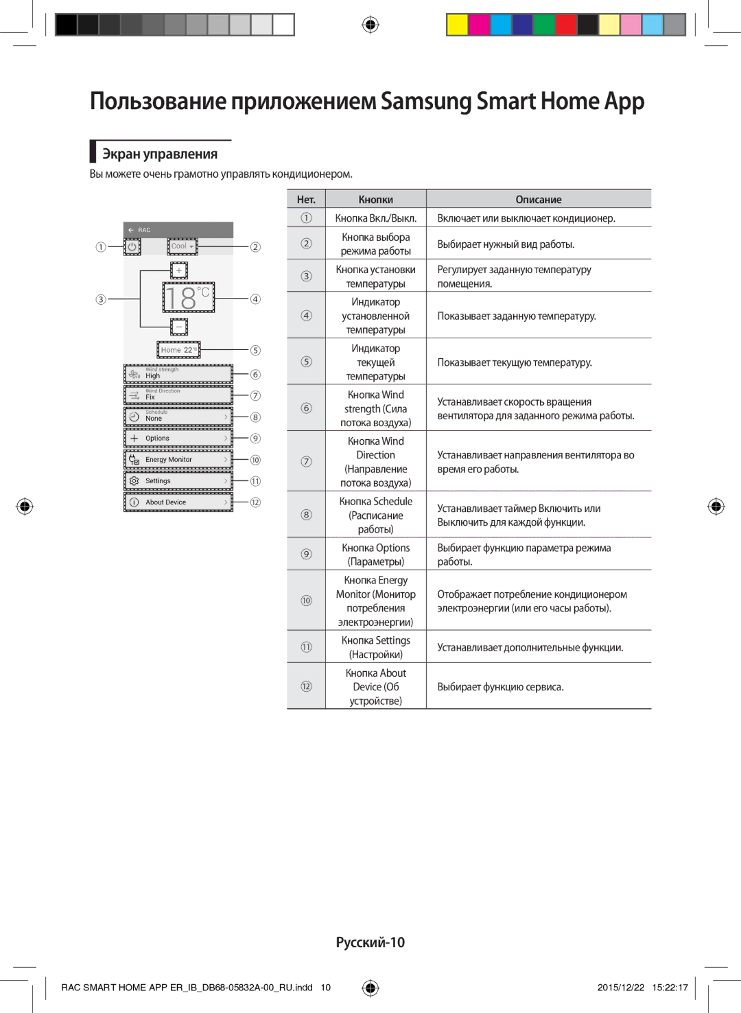 Samsung AR12KSPFBWKNER, AR09KSPFBWKNER manual Экран управления, Русский-10 