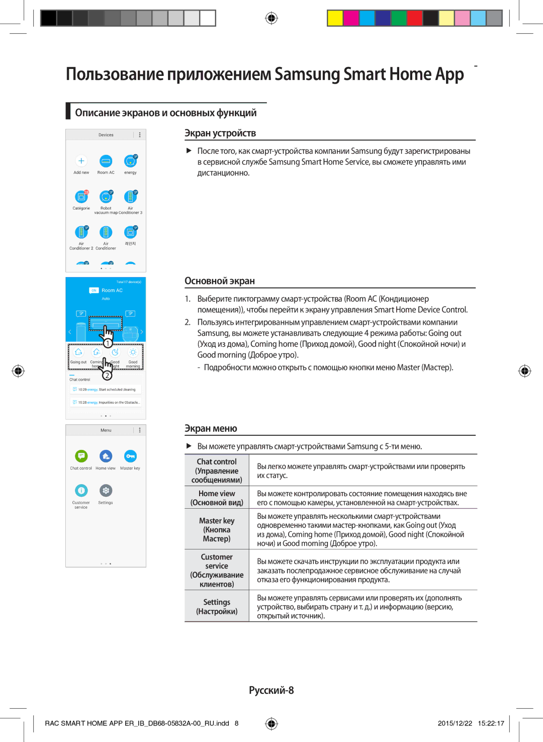 Samsung AR12KSPFBWKNER manual Описание экранов и основных функций Экран устройств, Основной экран, Экран меню, Русский-8 