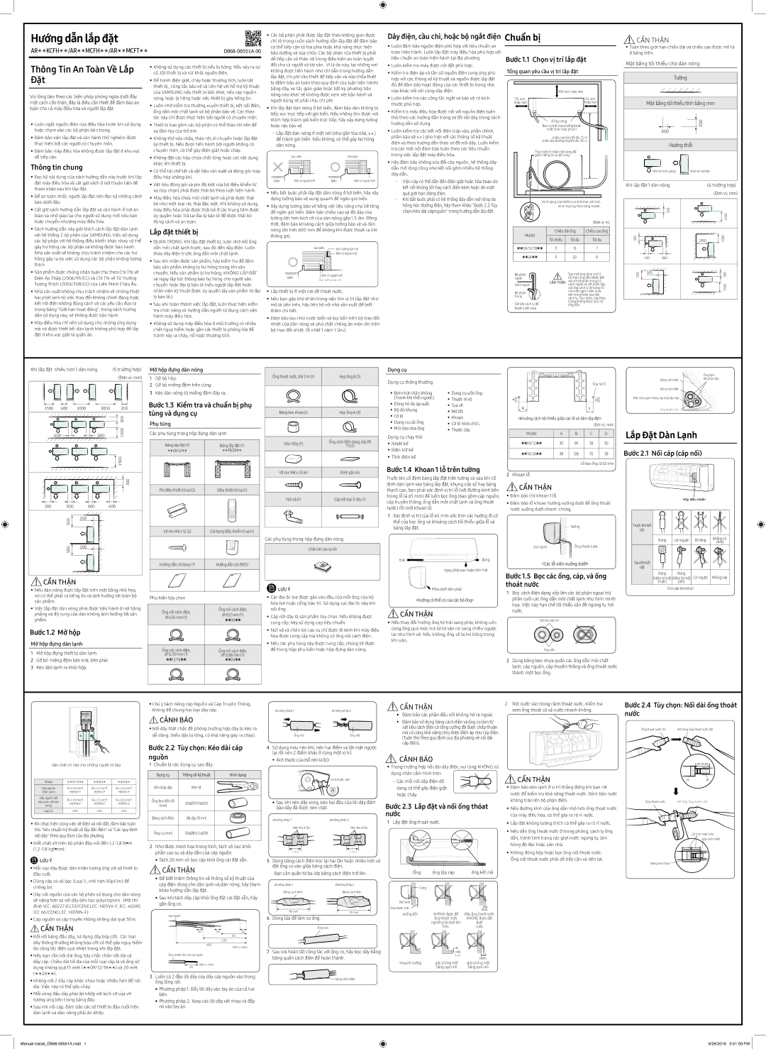 Samsung AR09MCFTBURNSV manual Bước 1.1 Chọn vị trí lắp đặt, Thông tin chung, Bước 1.4 Khoan 1 lỗ trên tường, Thoát nước 