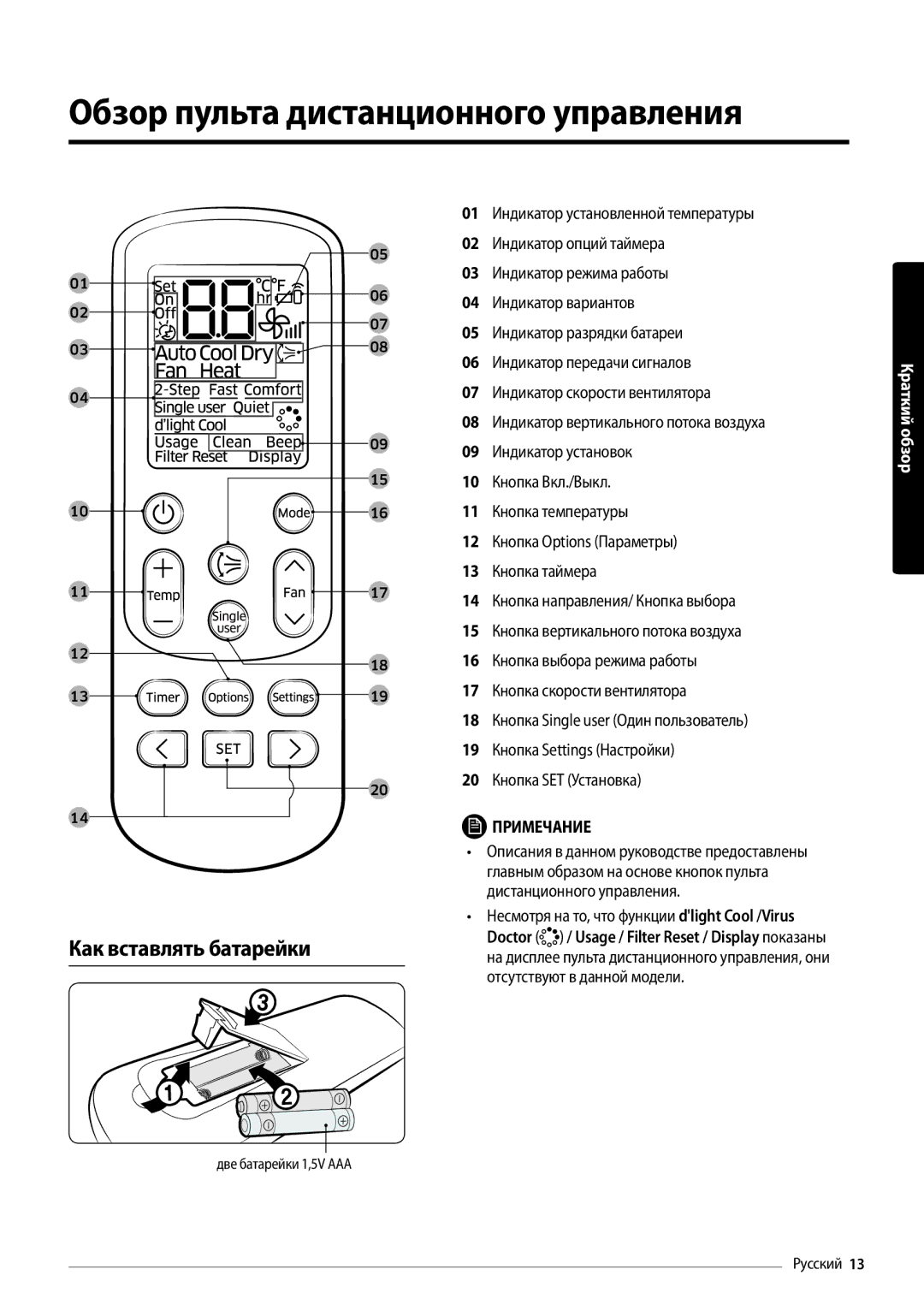 Samsung AR24MSFPAWQNER, AR12MSFPAWQNER, AR18MSFPAWQNER manual Обзор пульта дистанционного управления, Как вставлять батарейки 