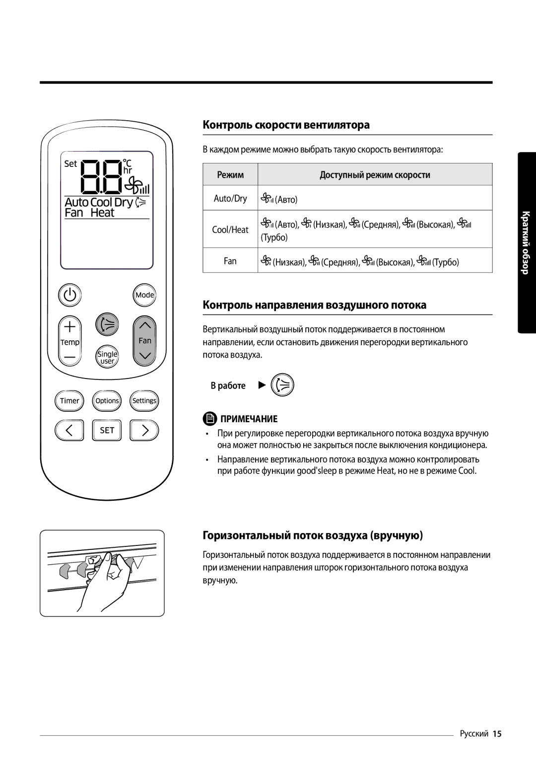 Samsung AR12MSFPAWQNER, AR18MSFPAWQNER manual Контроль скорости вентилятора, Контроль направления воздушного потока 