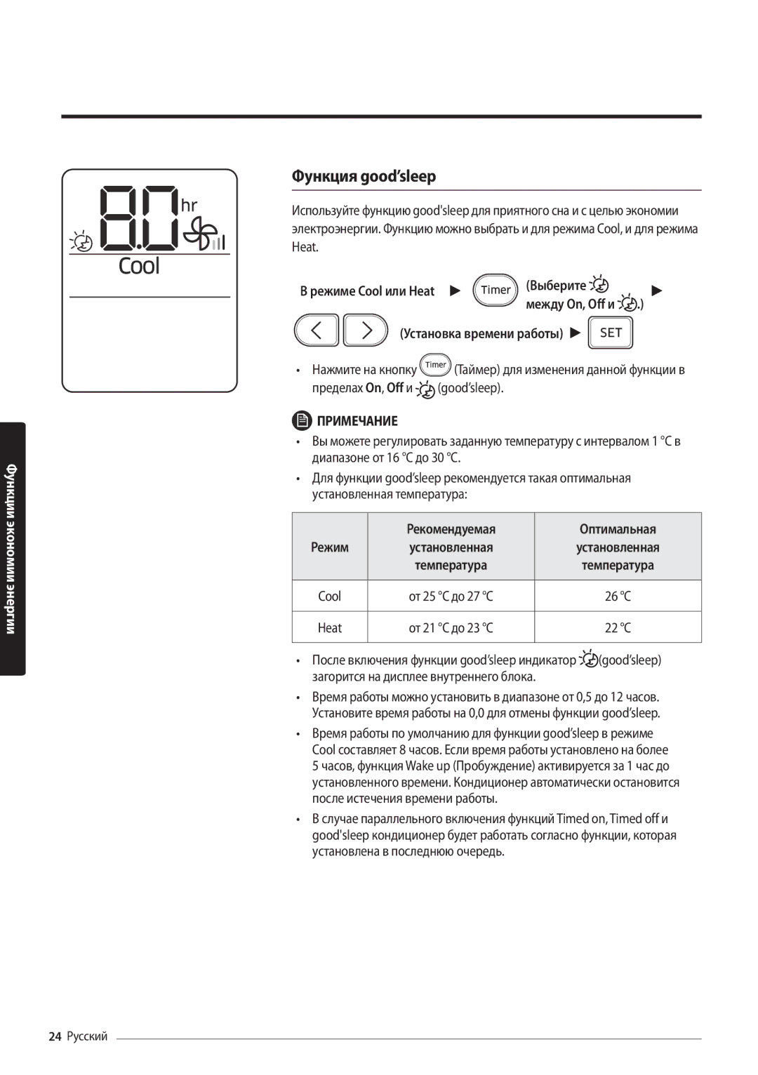 Samsung AR18MSFPAWQNER, AR12MSFPAWQNER, AR24MSFPAWQNER, AR09MSFPAWQNER manual Функция good’sleep, Между On, Off и 