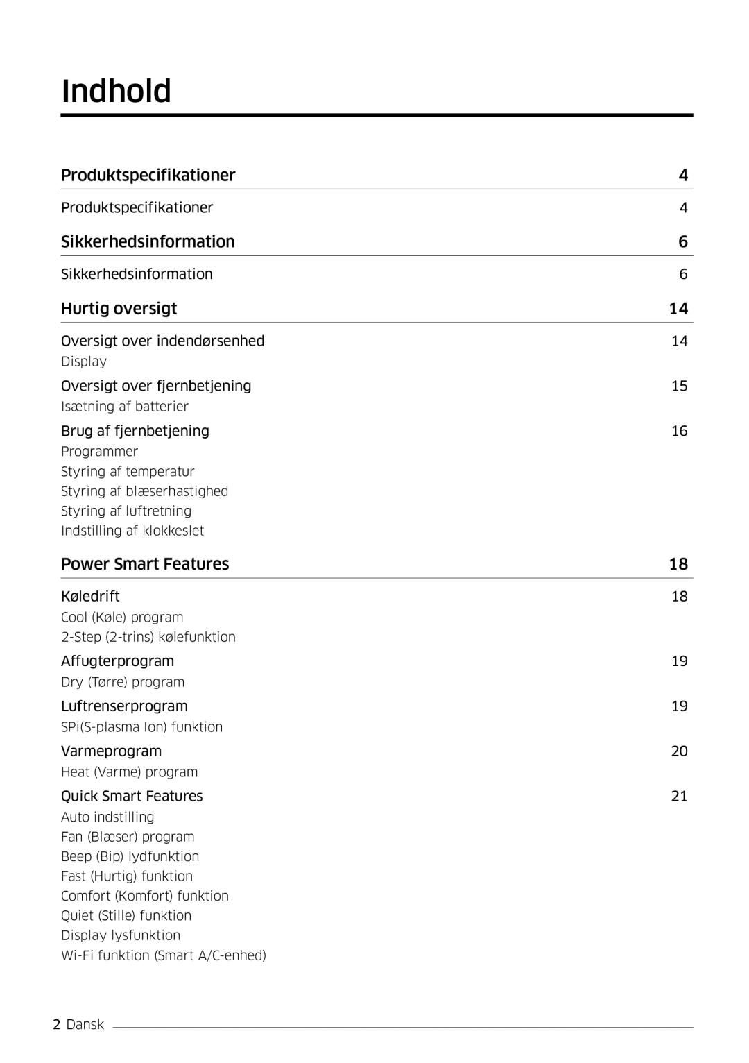 Samsung AR09MSPDPWKNEE, AR12MSPDPWKNEE manual Indhold, Hurtig oversigt 