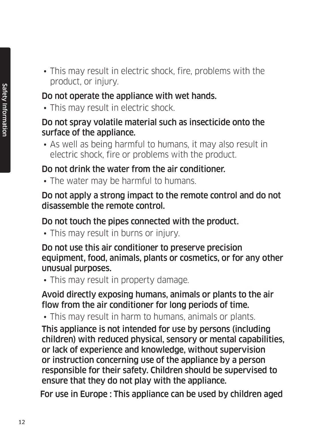 Samsung AR09MSPDPWKNEE, AR12MSPDPWKNEE manual Safety Information 