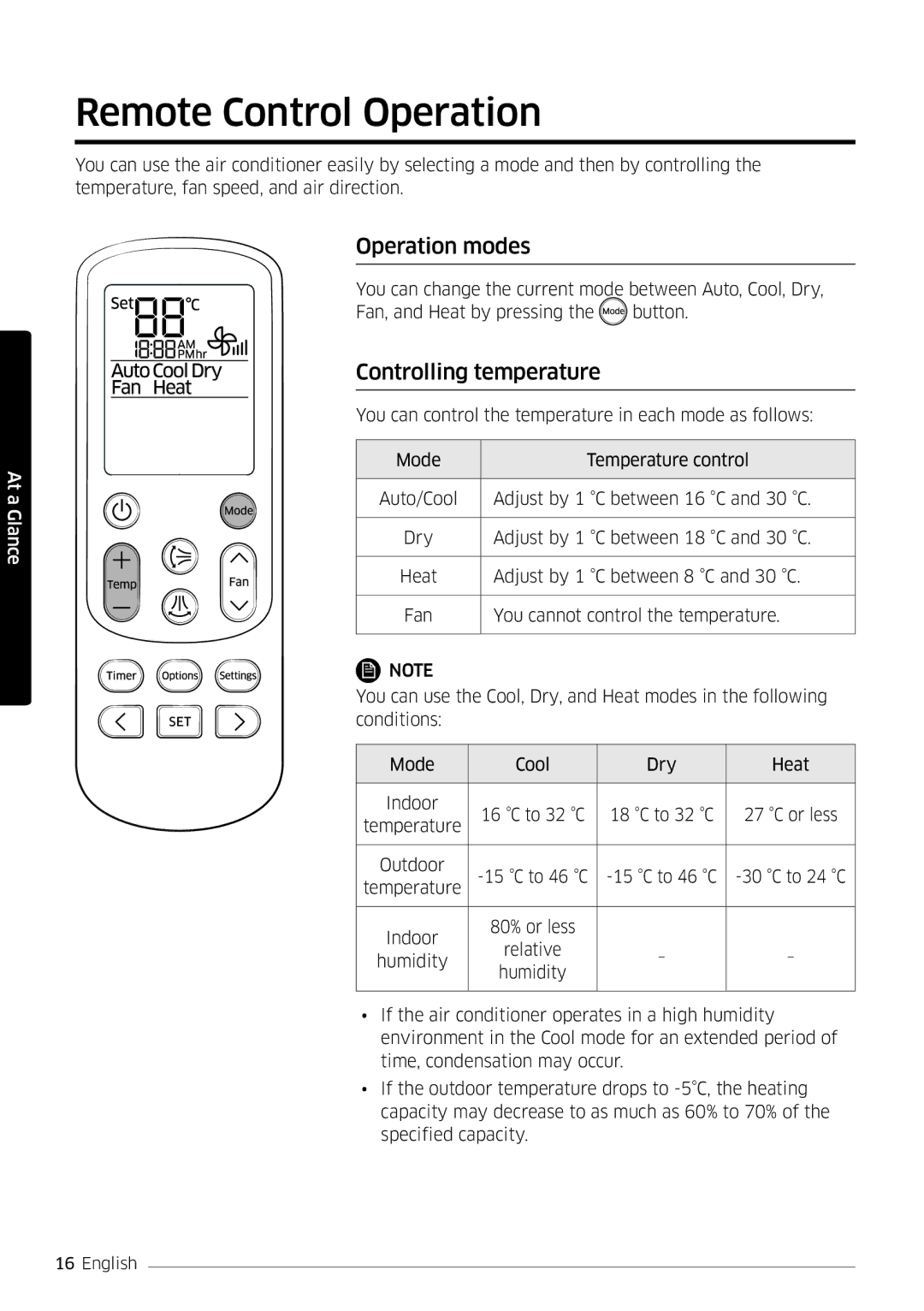 Samsung AR09MSPDPWKNEE, AR12MSPDPWKNEE manual Remote Control Operation, Operation modes, Controlling temperature 