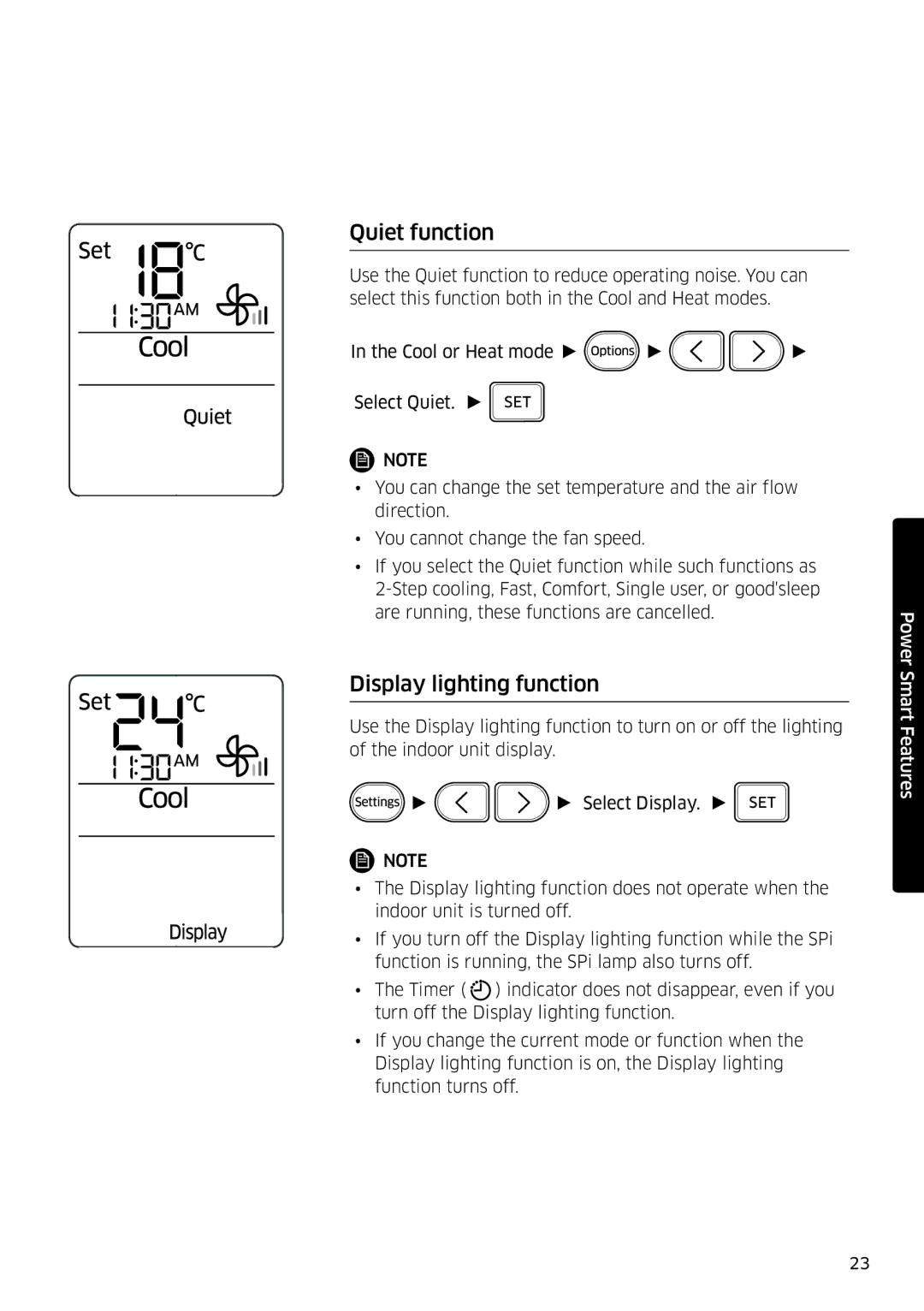 Samsung AR12MSPDPWKNEE, AR09MSPDPWKNEE manual Quiet function, Display lighting function 