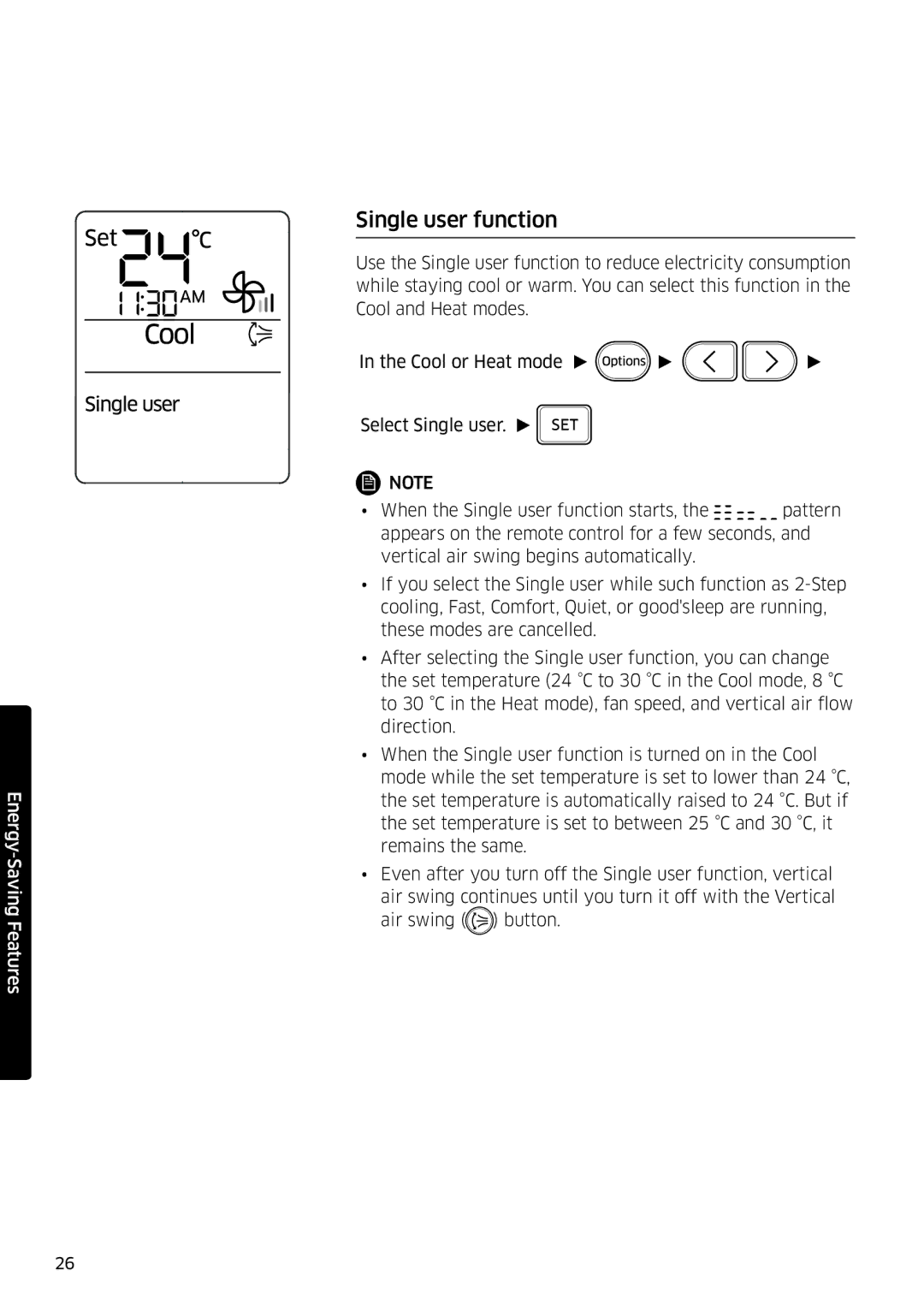 Samsung AR09MSPDPWKNEE, AR12MSPDPWKNEE manual Single user function 