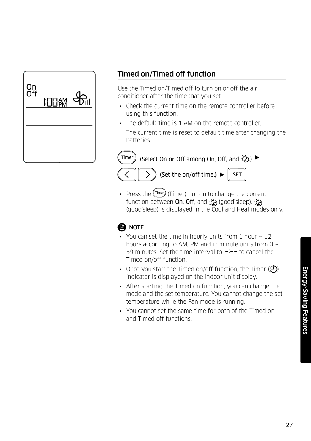 Samsung AR12MSPDPWKNEE, AR09MSPDPWKNEE manual Timed on/Timed off function 