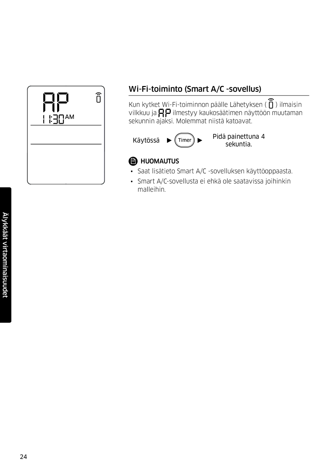 Samsung AR09MSPDPWKNEE, AR12MSPDPWKNEE manual Wi-Fi-toiminto Smart A/C -sovellus 