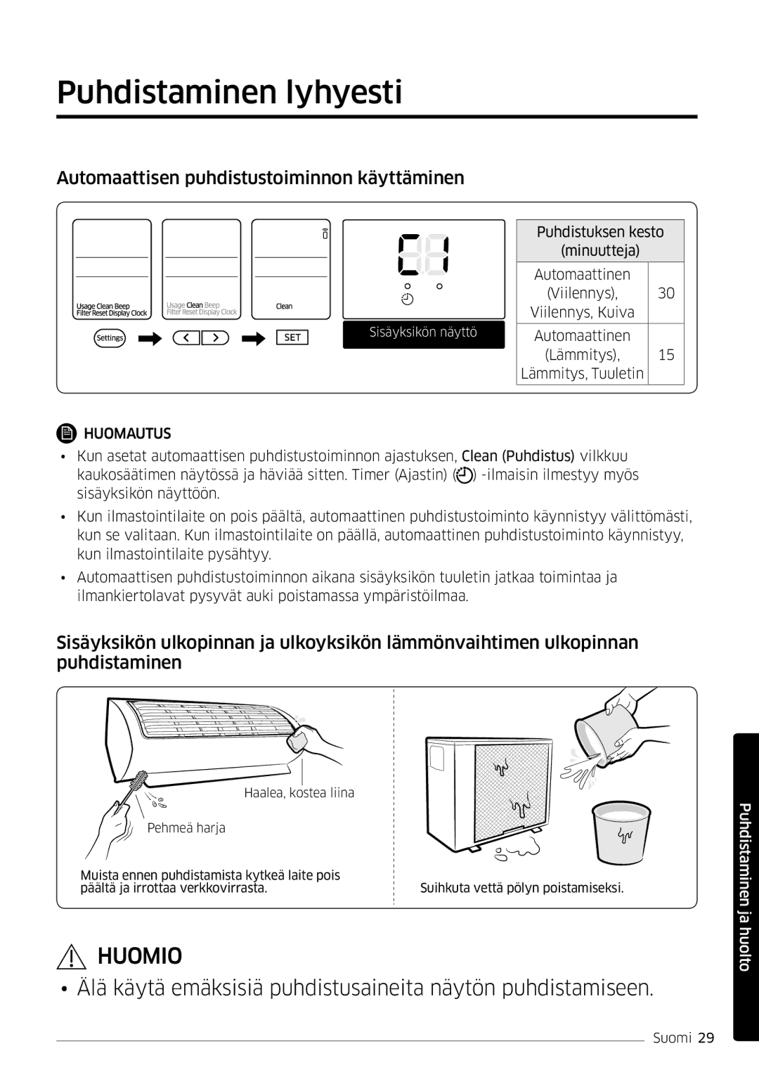 Samsung AR12MSPDPWKNEE, AR09MSPDPWKNEE manual Puhdistaminen lyhyesti, Automaattisen puhdistustoiminnon käyttäminen 