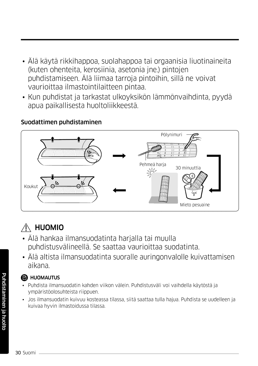 Samsung AR09MSPDPWKNEE, AR12MSPDPWKNEE manual Suodattimen puhdistaminen 