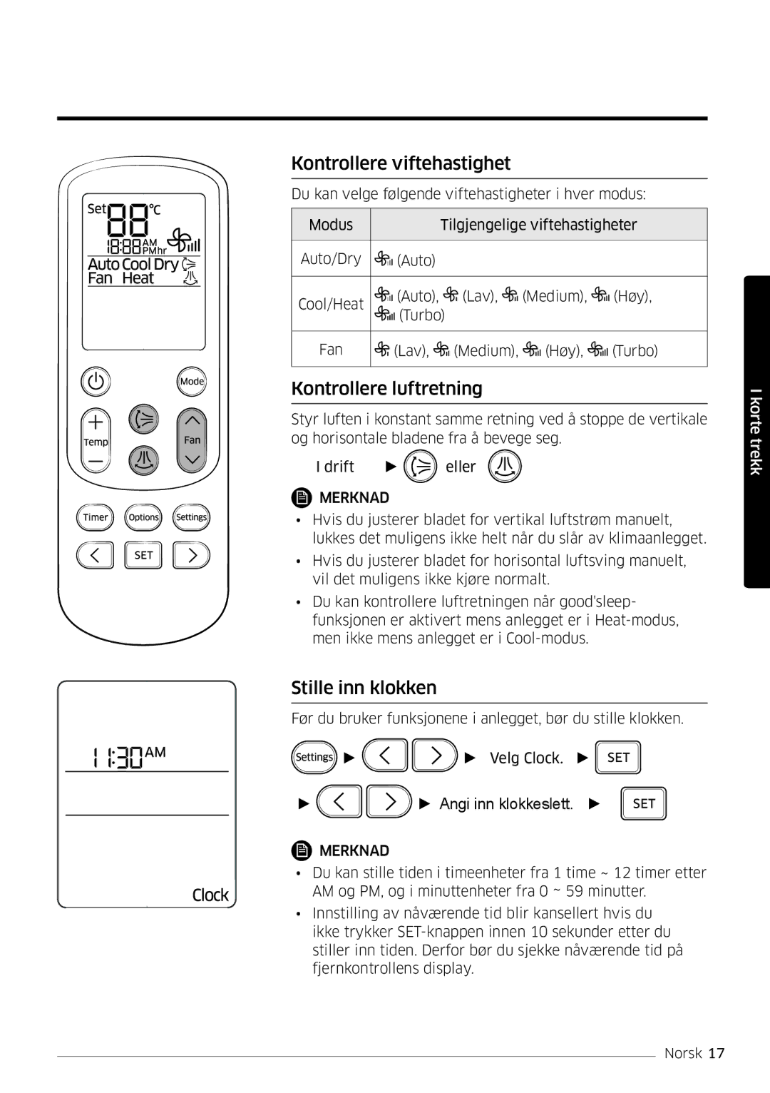 Samsung AR12MSPDPWKNEE, AR09MSPDPWKNEE manual Kontrollere viftehastighet, Kontrollere luftretning, Stille inn klokken 